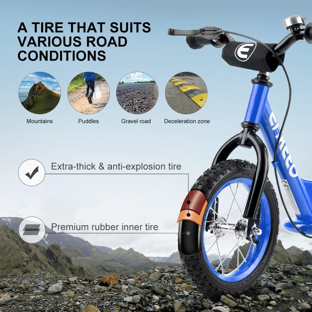 ENKEEO 14'' Prima Bici Senza Pedale per Bambini Bicicletta con Freno  Decorazione DIY Altezza meno di 1.3m, Telaio in Acciaio al Carbonio, Sella  e Manubrio Regolabile,Campana Capacità fino a 50kg, Blu :