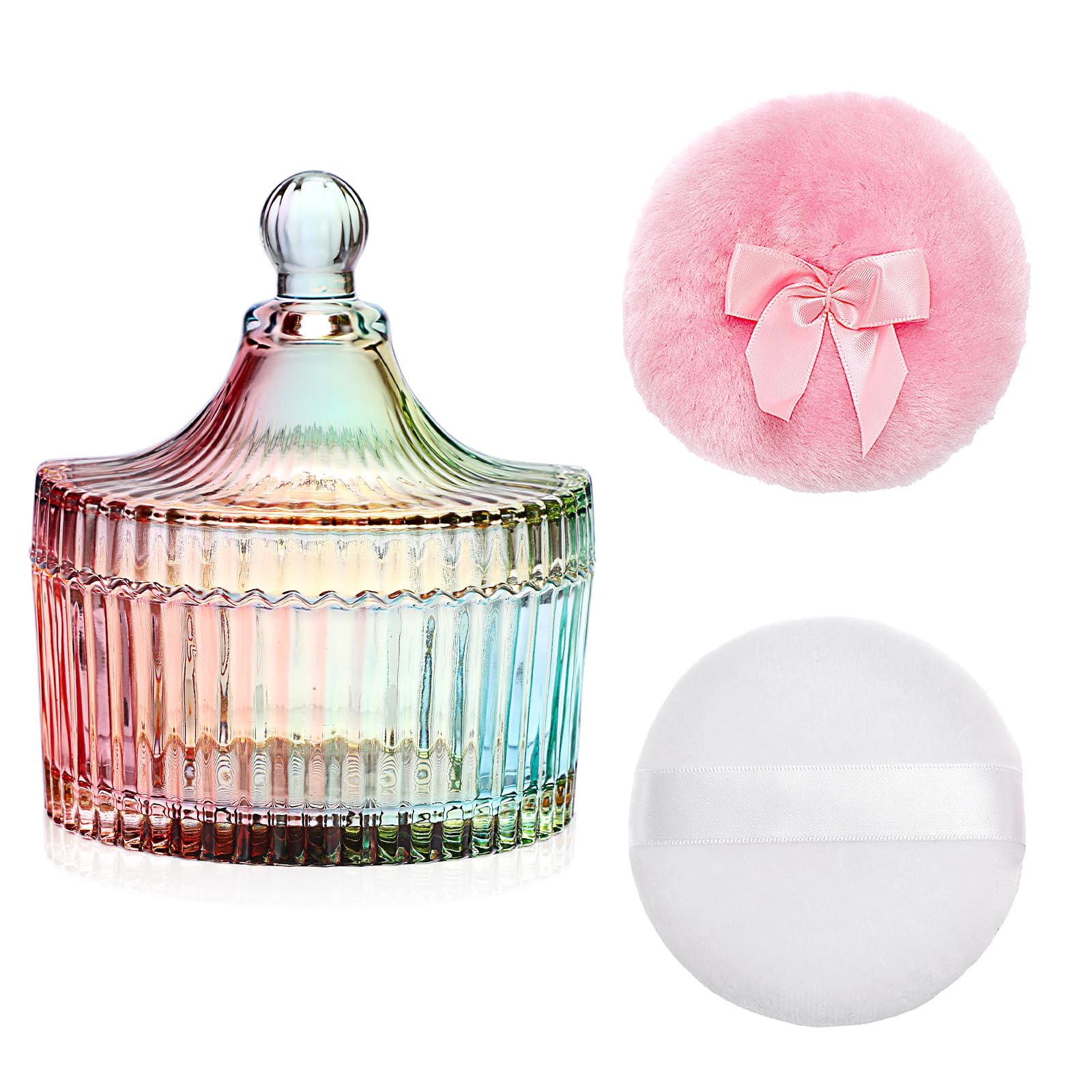 OGANAZI Glas Puderdose mit 2 Quaste Babypuder Dose Farbig Körperpuder Behälter mit Rosa und Weiß Puderquaste Puderetui für Talkumpuder, Make Up Puder Yurtform Organizer für Schlafzimmer Damen Geschenk