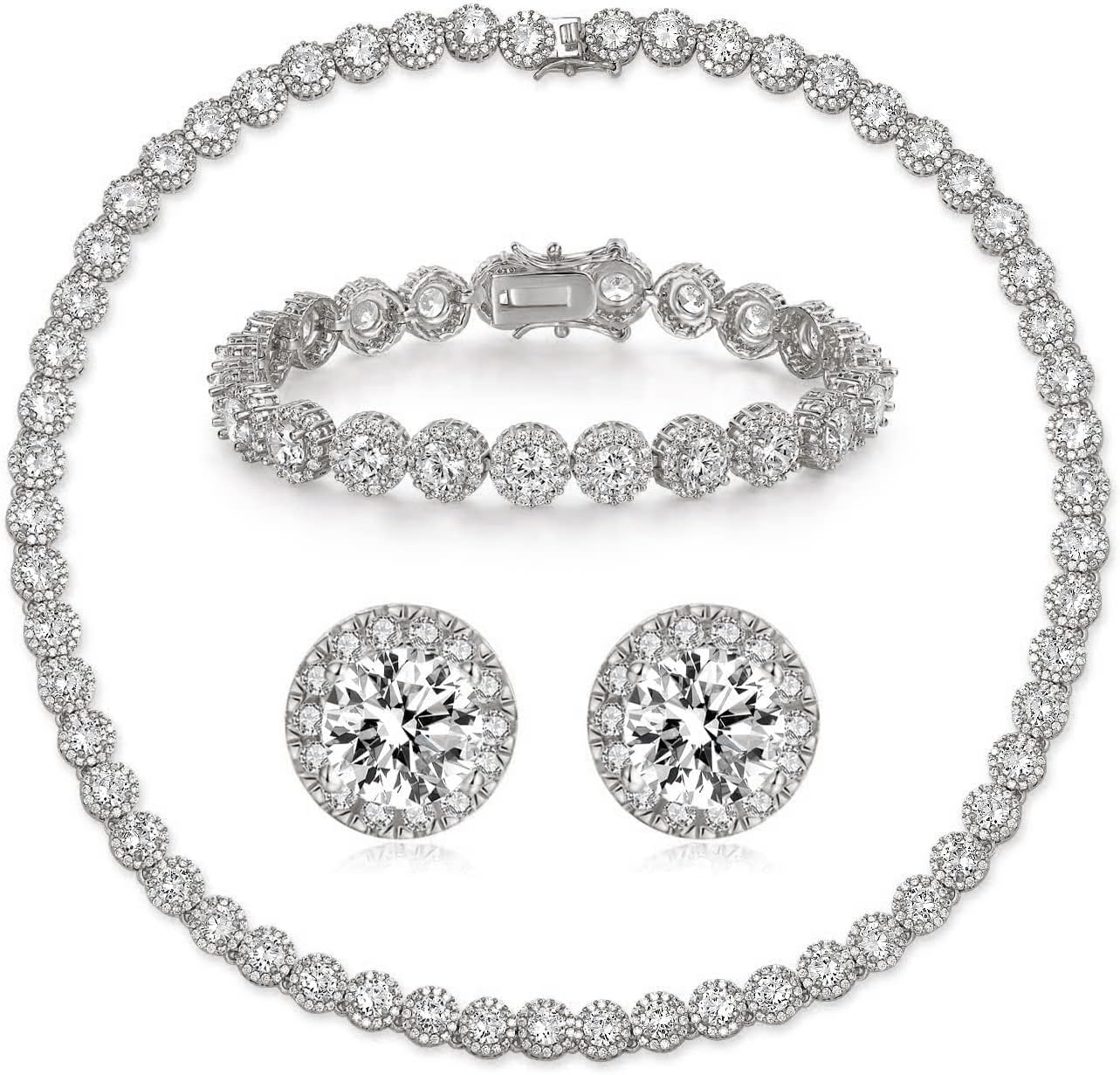 Gemsme 18K White Gold Plated Cubic Zirconia Tennis Necklace Bracelet Earrings for Women for Men Jewelry Set