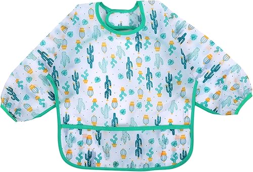 Vista 9 de Accmor 4 Pack Long Sleeve Bibs, Baby Smock Waterproof Sleeved Bib Smock for Baby Toddler 6-36 Months Dinosaurio azul/cerdo naranja/alce