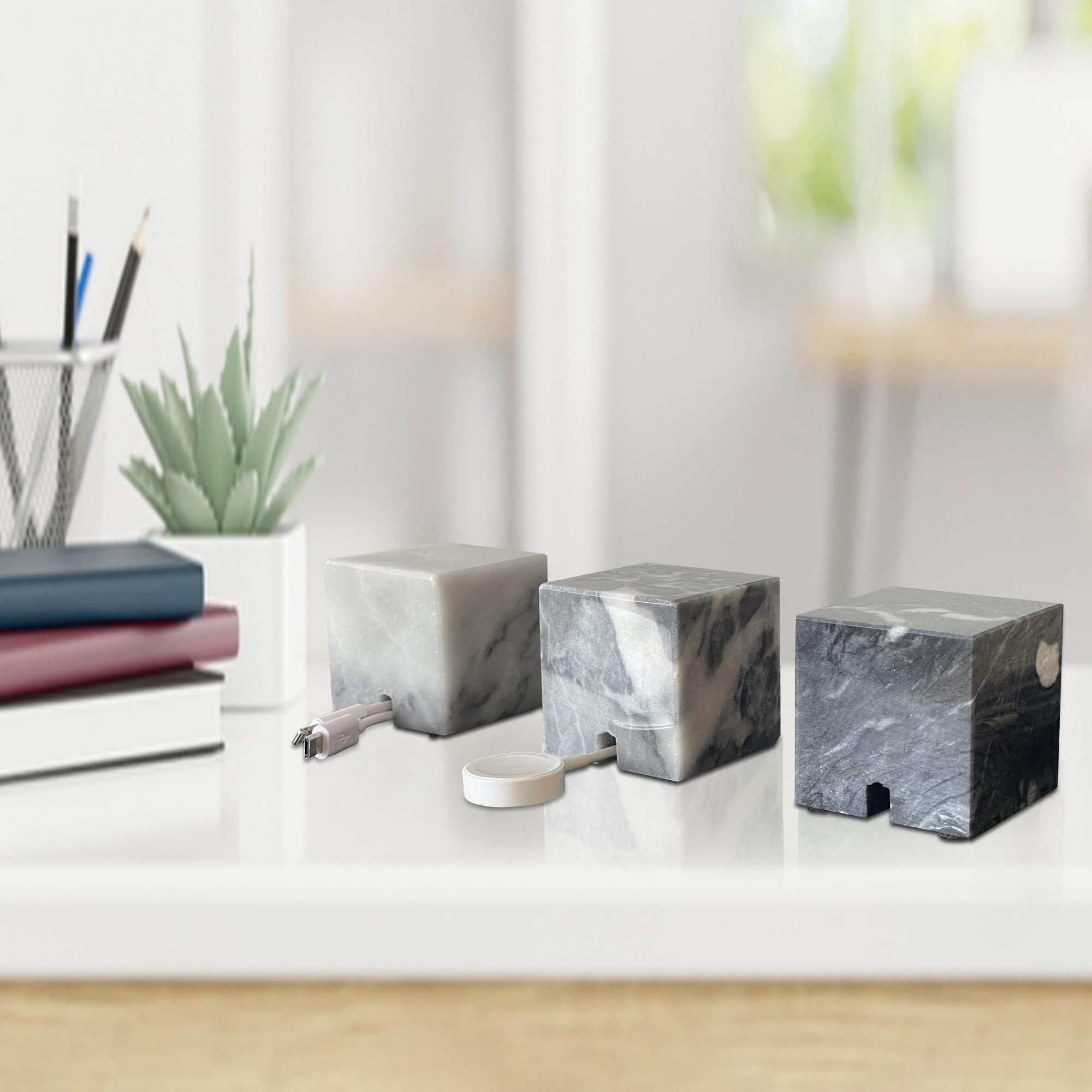 2-in-1 Genuine Marble Cube Paperweight & Cable Organizer (Dark)