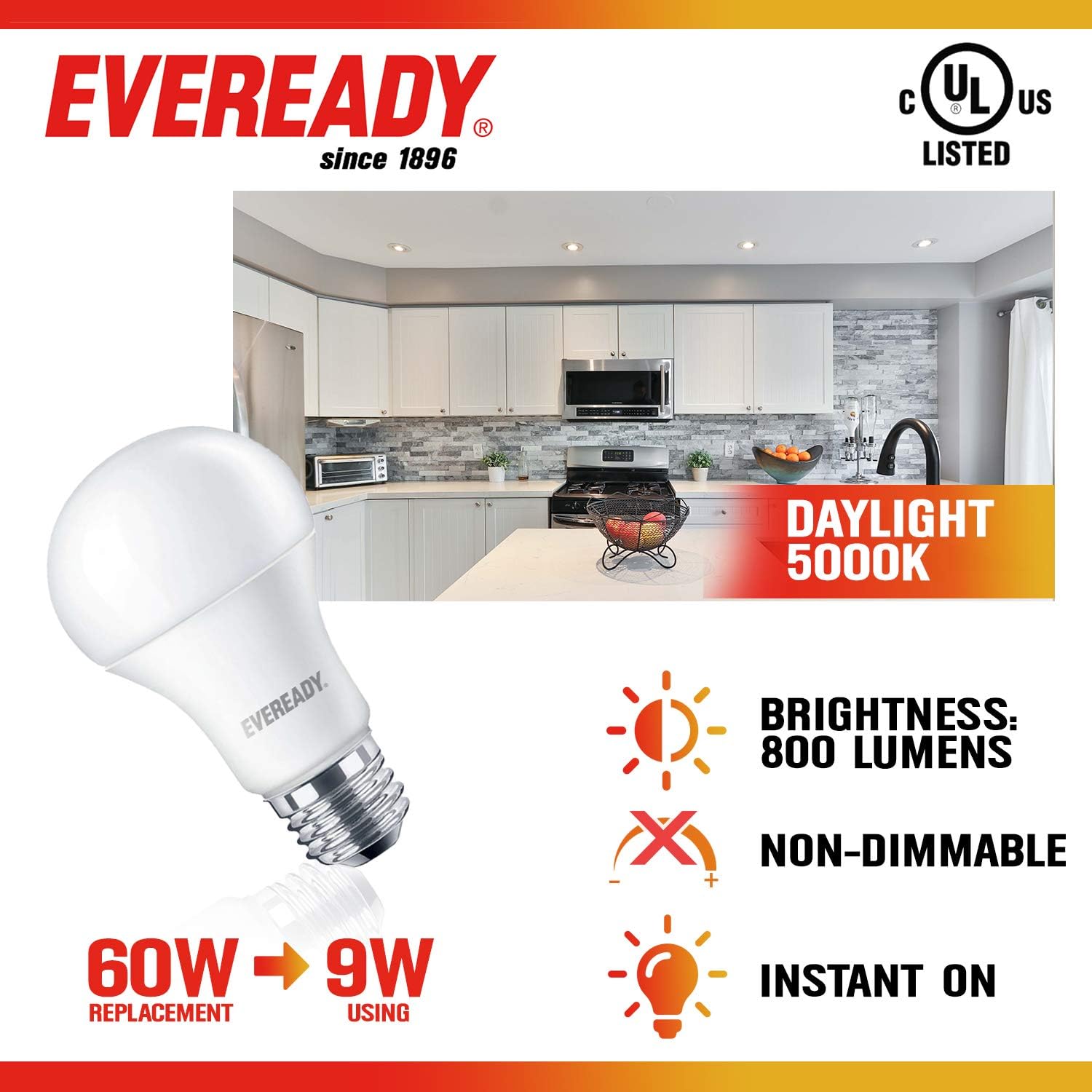 Eveready Led Light Bulbs, Non-Dimmable, 60 Watt Equivalent Light Bulbs (9W Led Bulb), 800 Lumens, 5000K Daylight Color, A19, E26 Base Led Replacement for Halogen Bulb, UL Listed - 6 Pack