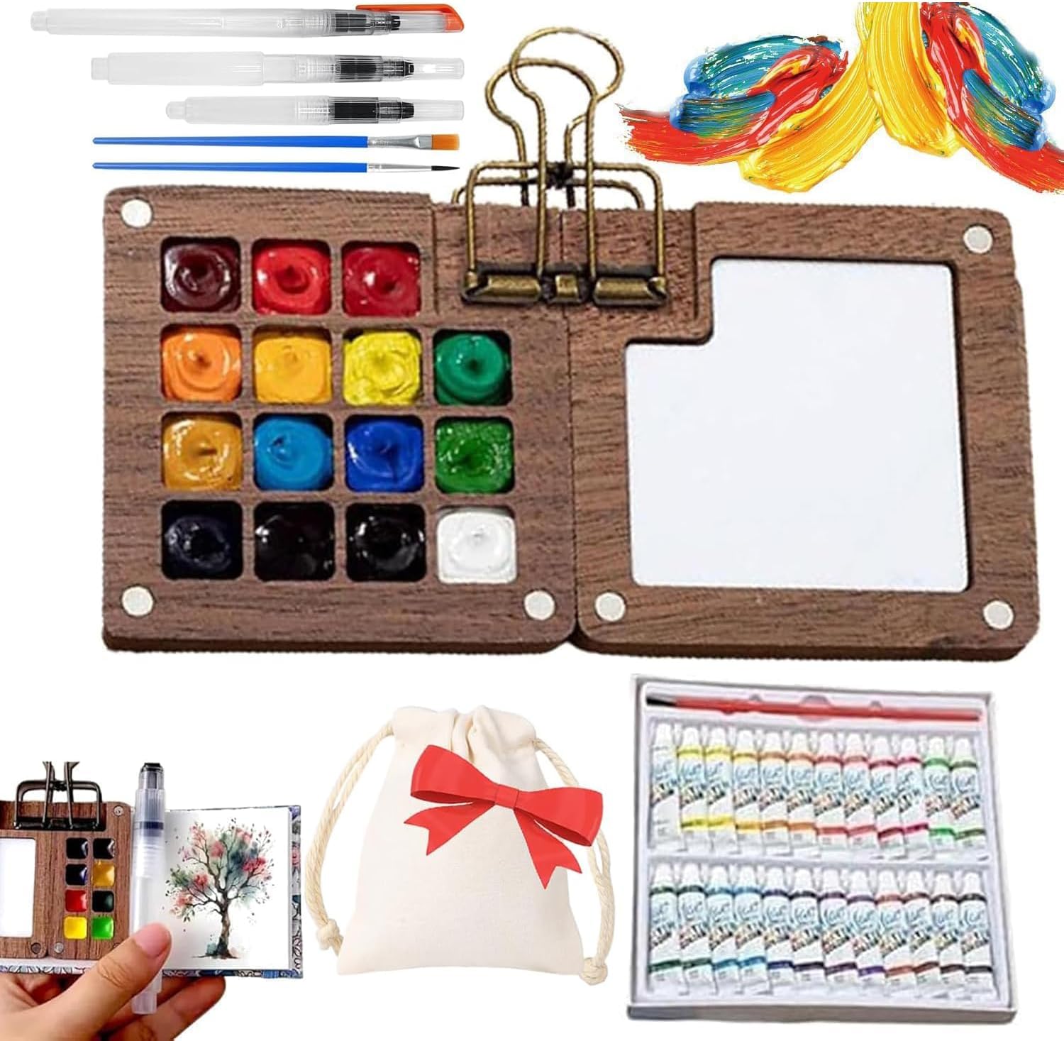 2026 New Watercolor Kit, Mini Watercolor Paint Set, Pocket Watercolor Set with Paint, Brush,bag, Sketchbook & Copper Clip, Travel Kit for Beginners, Artists & Painting Enthusiasts(Walnu -15 Grids)