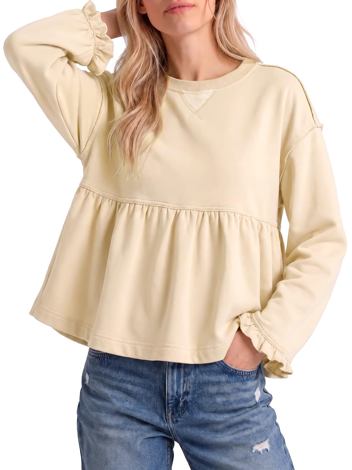 Womens Peplum Sweatshirt Crewneck Long Sleeve Babydoll Top