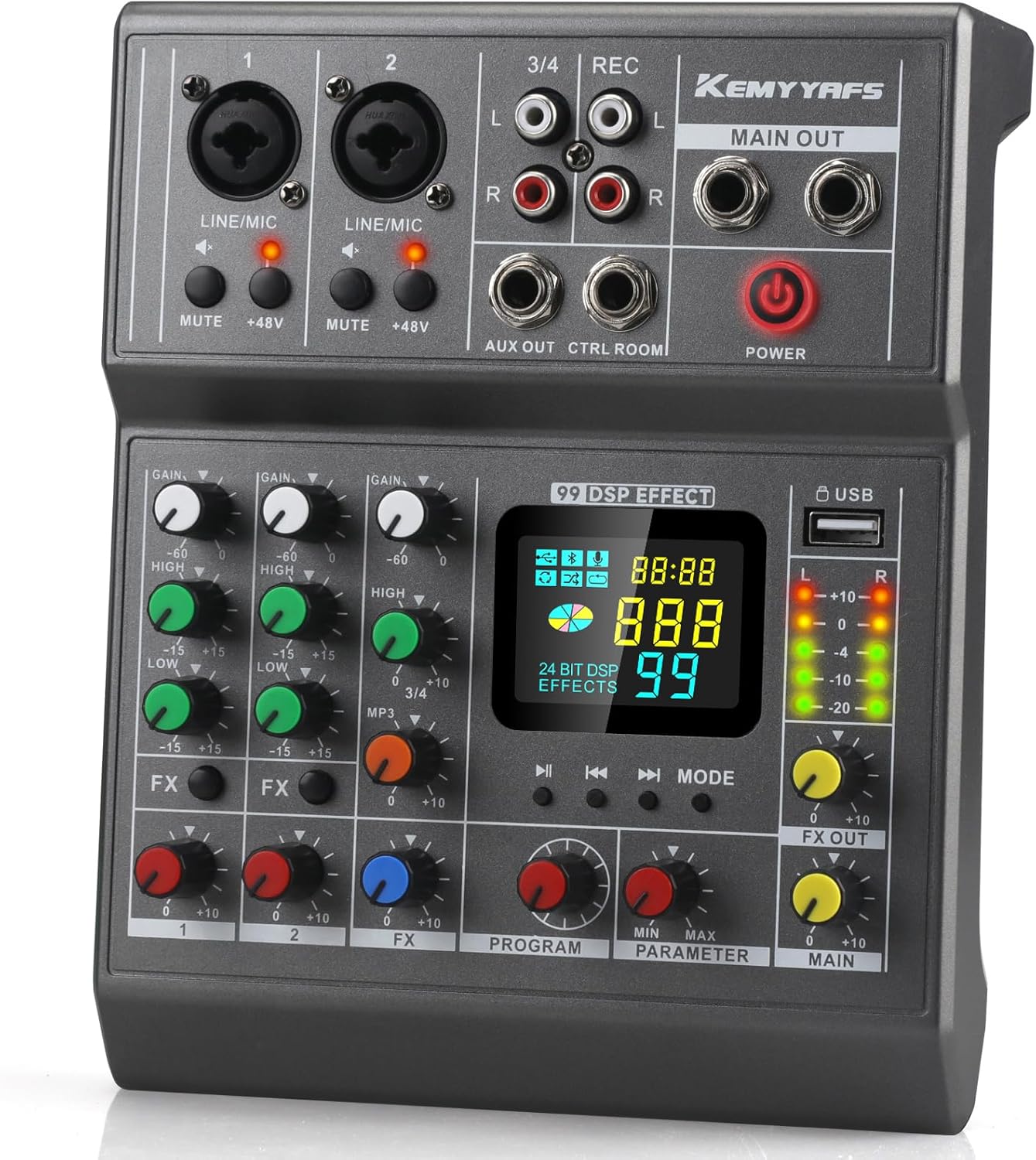 Professional Audio Mixer, Sound Board with 4 Channel Mixer USB Bluetooth Echo Delay Effect 99DSP, 48V Phantom Power Stereo Mixer board for Karaoke Studio Recording, Live Streaming,Podcasting
