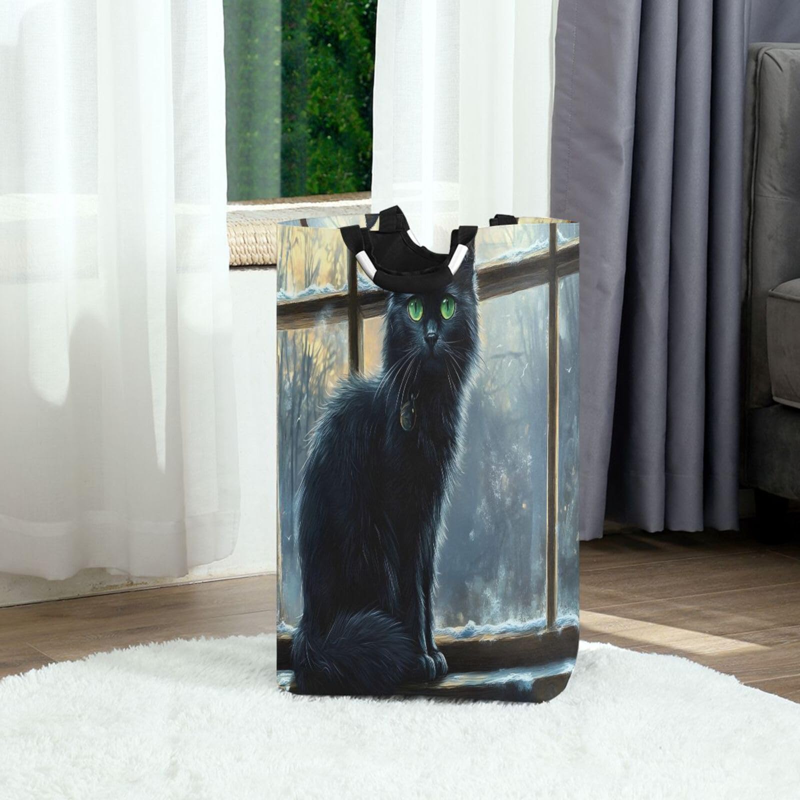 Jihqo Laundry Hamper Basket Black Cat Beside Windowsill Collapsible Nursery Storage Bin Waterproof Clothing Baskets for Home Bedroom Bathroom Washing Room