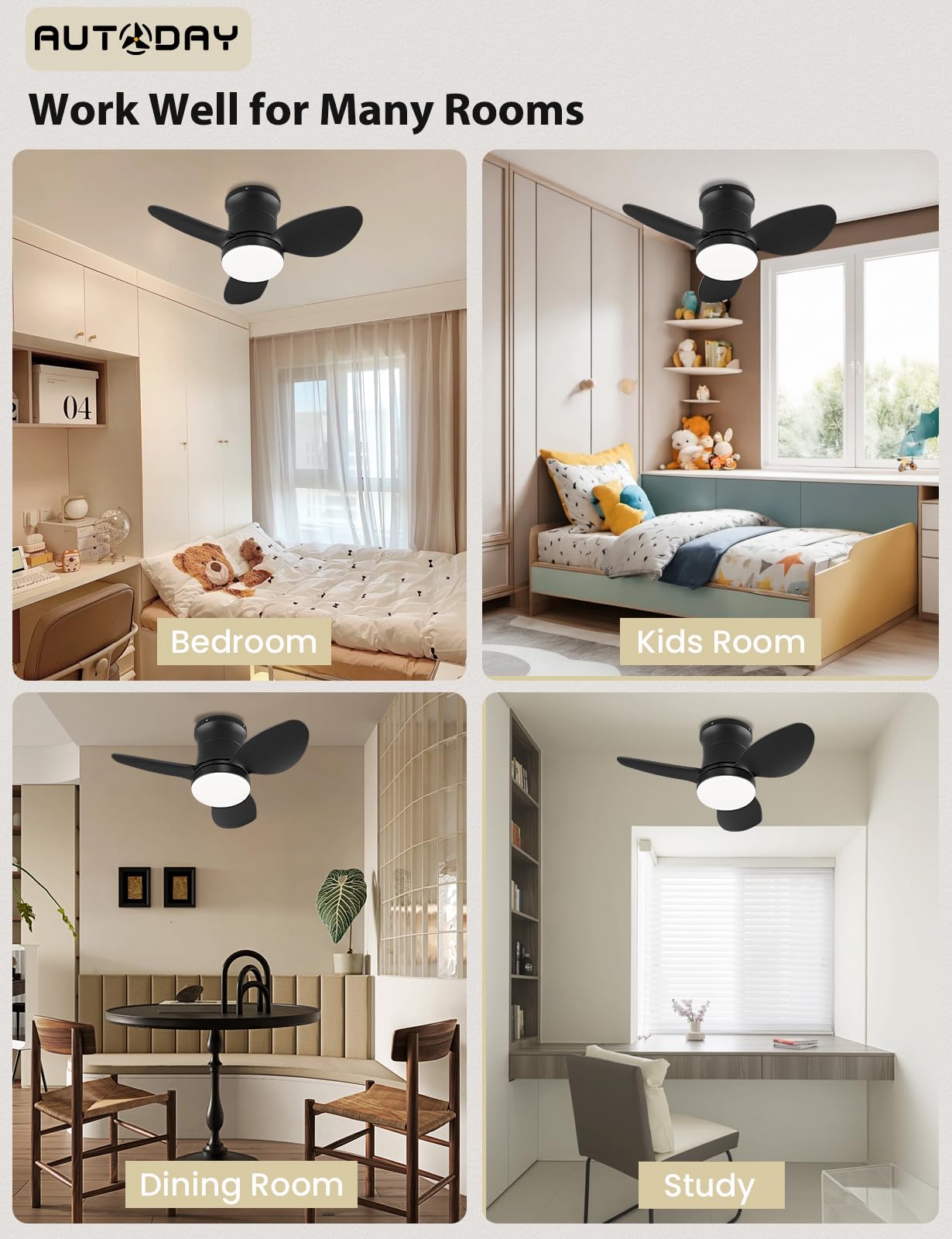 AUTODAY Silenzioso Ventilatore da soffitto con luce 62cm dimmerabile piccolo ventilatore soffitto Telecomando con funzione di memoria Funzionalità estate/inverno DC Motore Reversibili 6 velocità