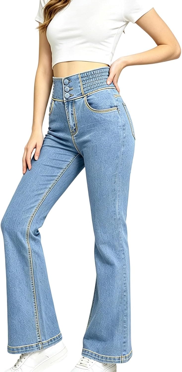 Women Flare Jeans High Waist Multi Button Stretch Denim Pants