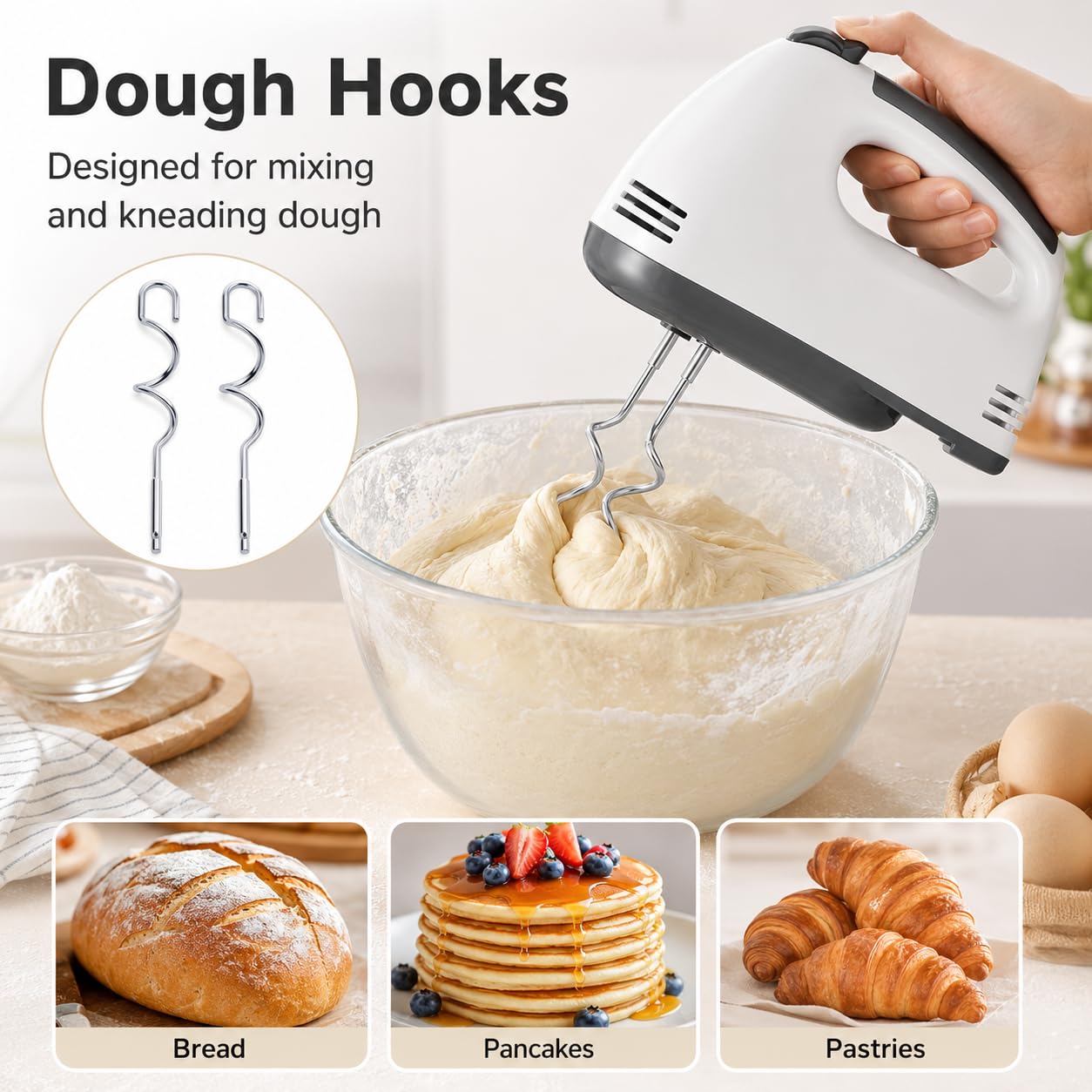Batidora de pie de 7 velocidades con cuenco de acero inoxidable de 2 L, gancho de masa y batidor de alambre, batidora de mano de cocina para hornear, pasteles y amasar