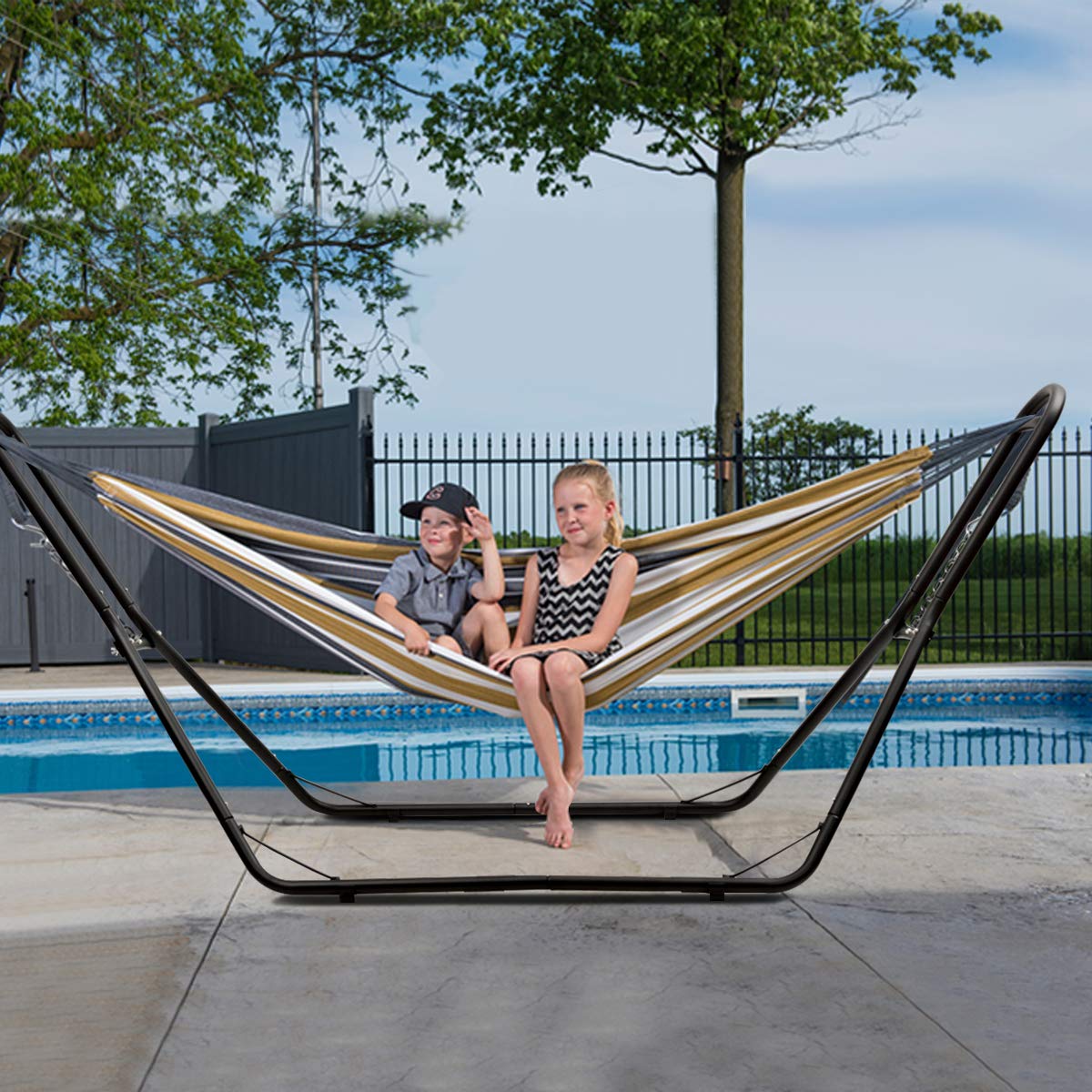 RELAX4LIFE Hängemattengestell Freistehend, Hängemattenständer mit S-förmigem Haken & Kette, stabiles Eisengestell für Drinnen und Draußen, Metallgestell für Hängematten, bis 150 kg belastbar, schwarz