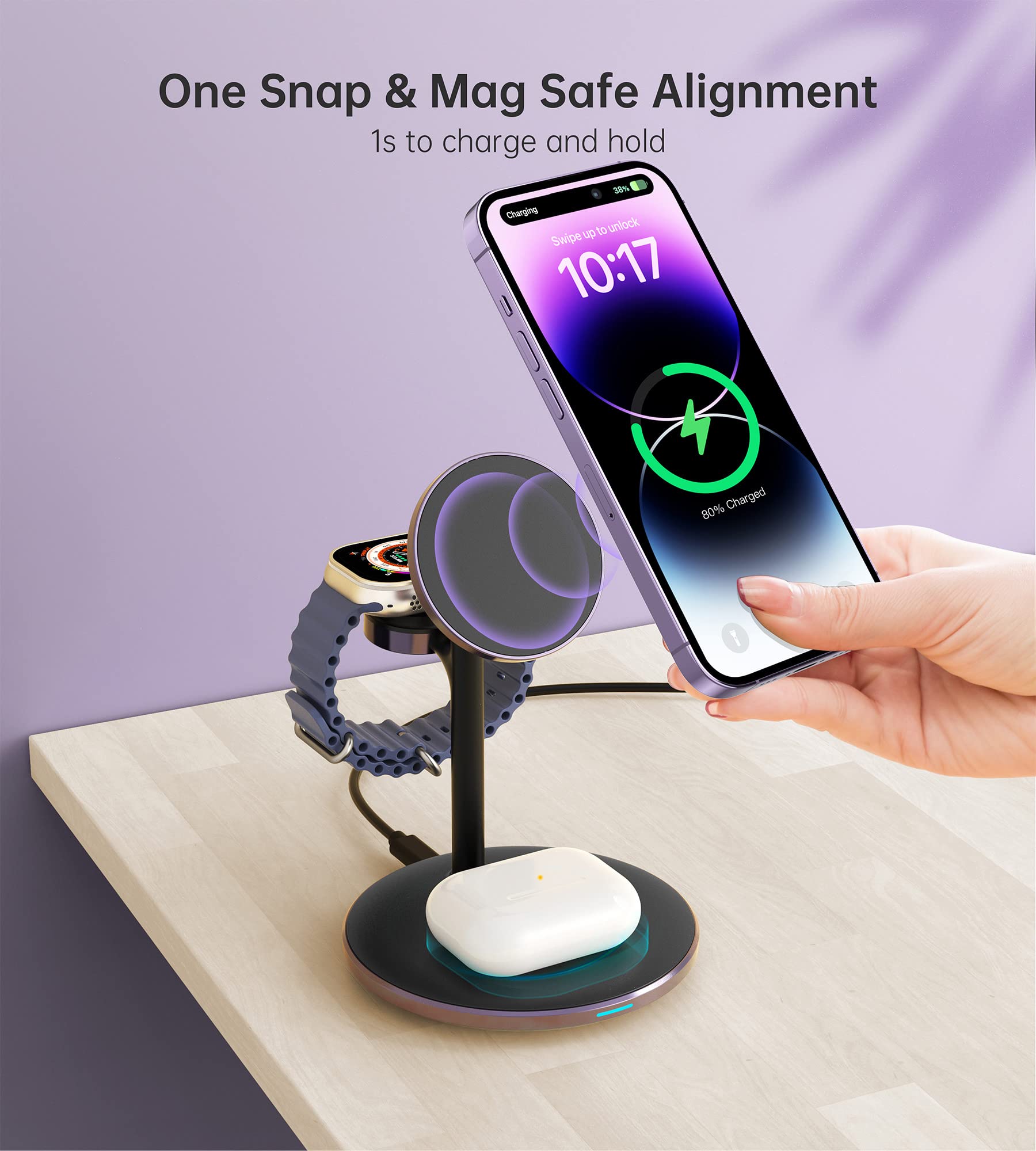 XooFly Stazione di ricarica wireless 3 in 1 per dispositivi Apple, supporto caricabatterie wireless veloce Mag-Safe con adattatore da 20 W per iPhone 17/16 15 14 13 12 Pro Max/Pro/Plus/Air/Mini