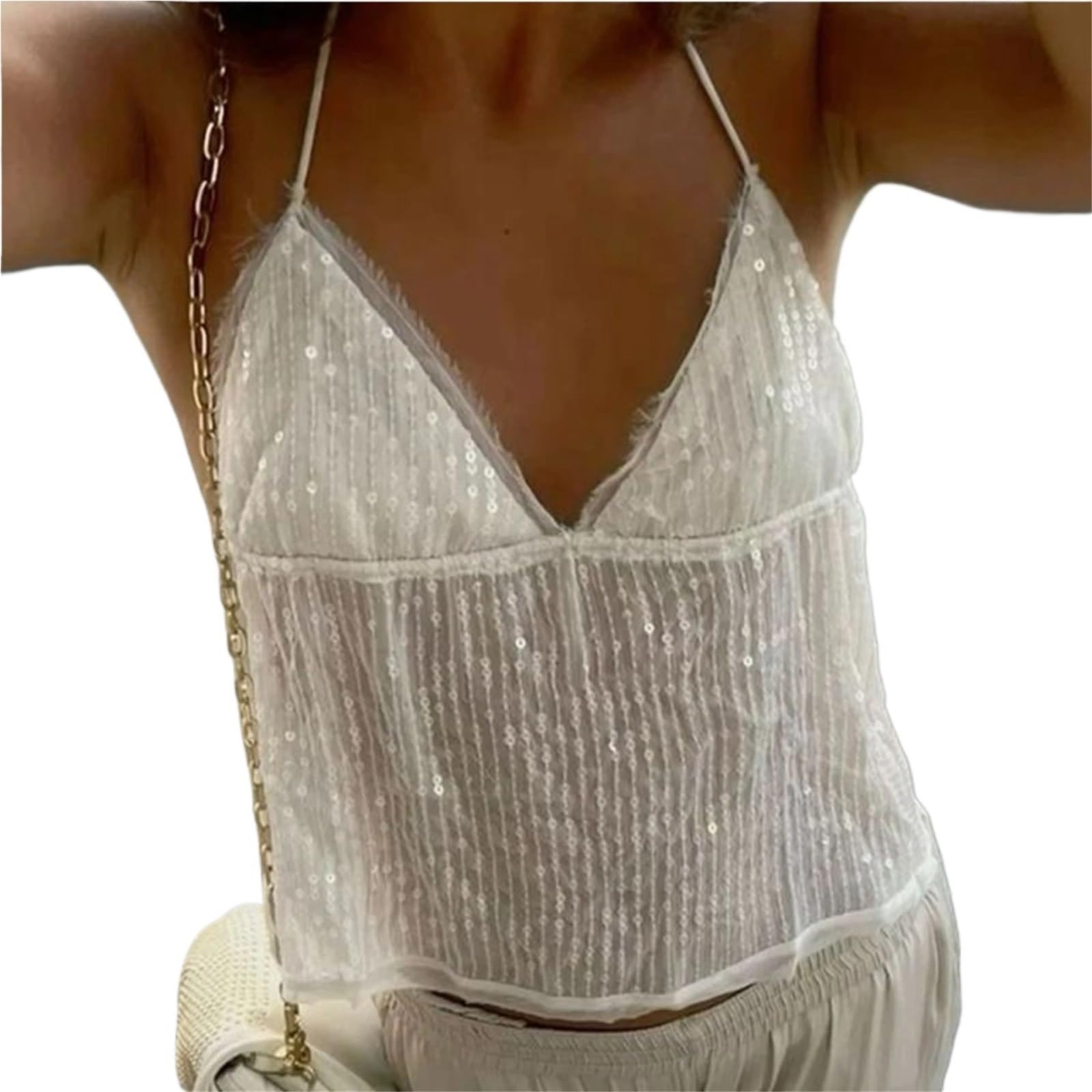 Top con Paillettes Canotte Sexy da Donna con Paillettes, Scollo a V, Allacciate, Collo all'Americana, Casual, estive, Senza Maniche, Streetwear