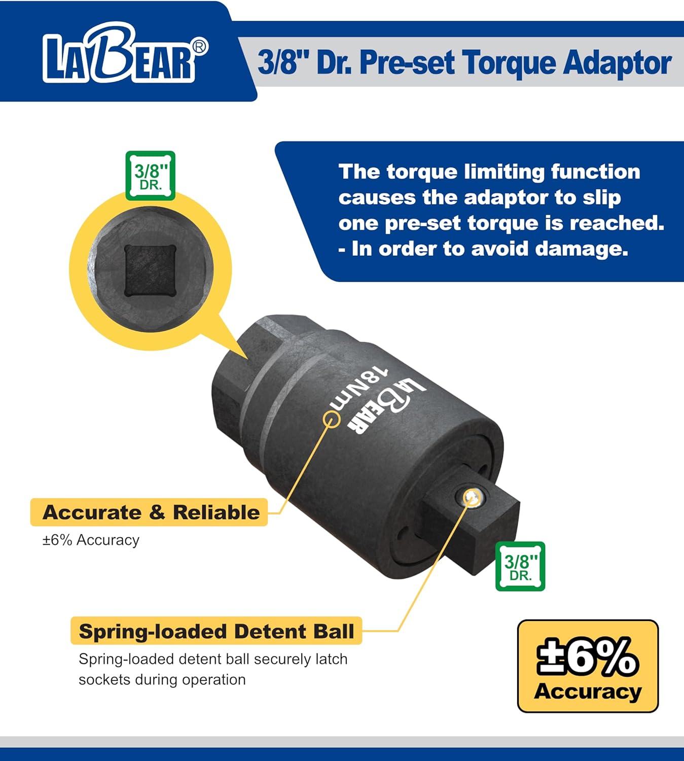 LABEAR - 40Nm Torque Limited Wrench, Manganese Phosphate For Oil filter & Spark Plug,3/8" Drive 40Nm Engine Oil Filter Cap Wrench Torque Limited Adapter