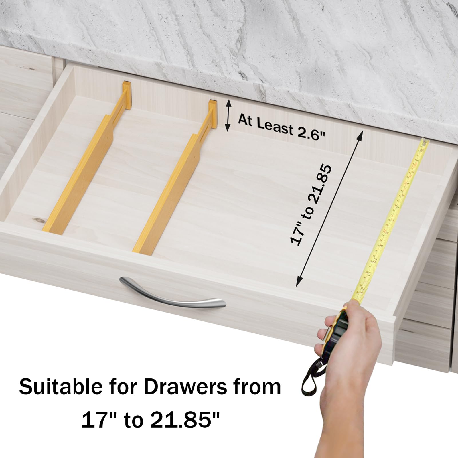 BAMBUROBA Separadores de cajones de bambú, organizador de cajones de cocina ajustable para ropa, separadores de organización de cajones expandibles de 17 a 22 pulgadas para dormitorio, baño, tocador y