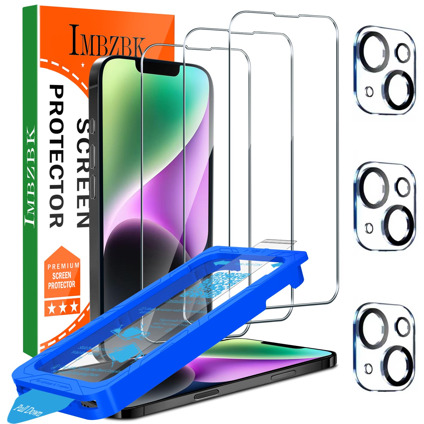 IMBZBK für iPhone 14 für Panzerglas, Auto-Installation, mit Kameraschutz, 9H+ Härte Schutzfolie, Militärstandard Schutz Folie, Stoßfest Kratzfest, 3+3 Stück
