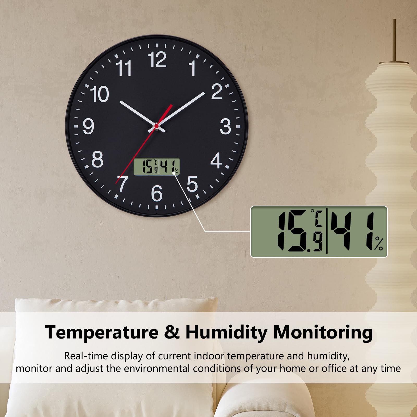 Orologio Da Parete Moderno VIVILINEN Con Termometro E Igrometro - 30cm Silenzioso A Batteria - Foto 7