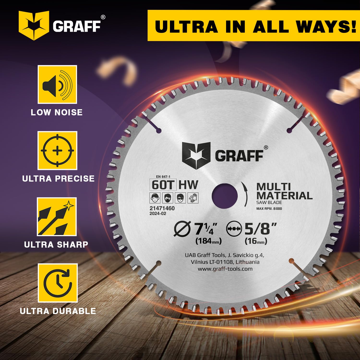 7-1/4" Circular Saw Blade - Chop Saw Blade for Metal, Wood Plywood Aluminum Drywall & Plastic 60T TCT Blade for Circular Table Miter & Cordless Saws 5/8 Inch Arbor No Heat No Sparks Burr Free GRAFF