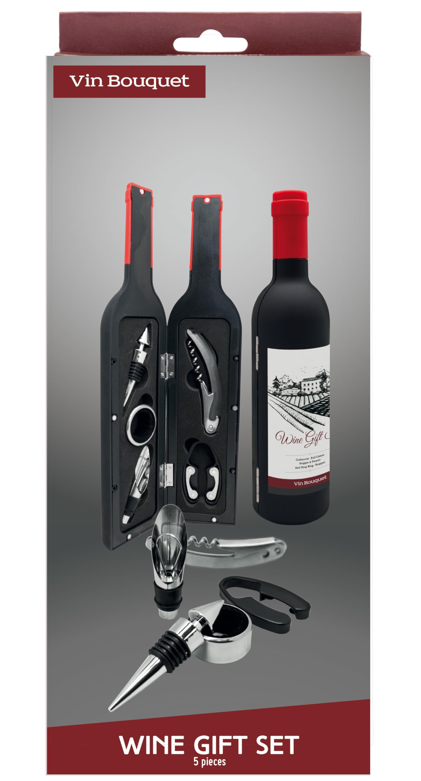 Kit apribottiglie vino Regalo, Set accessori vino - Cavatappi, Tappo, Aeratore, Taglia stagnola, Anello a goccia, Regalo di San Valentino per amanti del vino e bevitori, Argento
