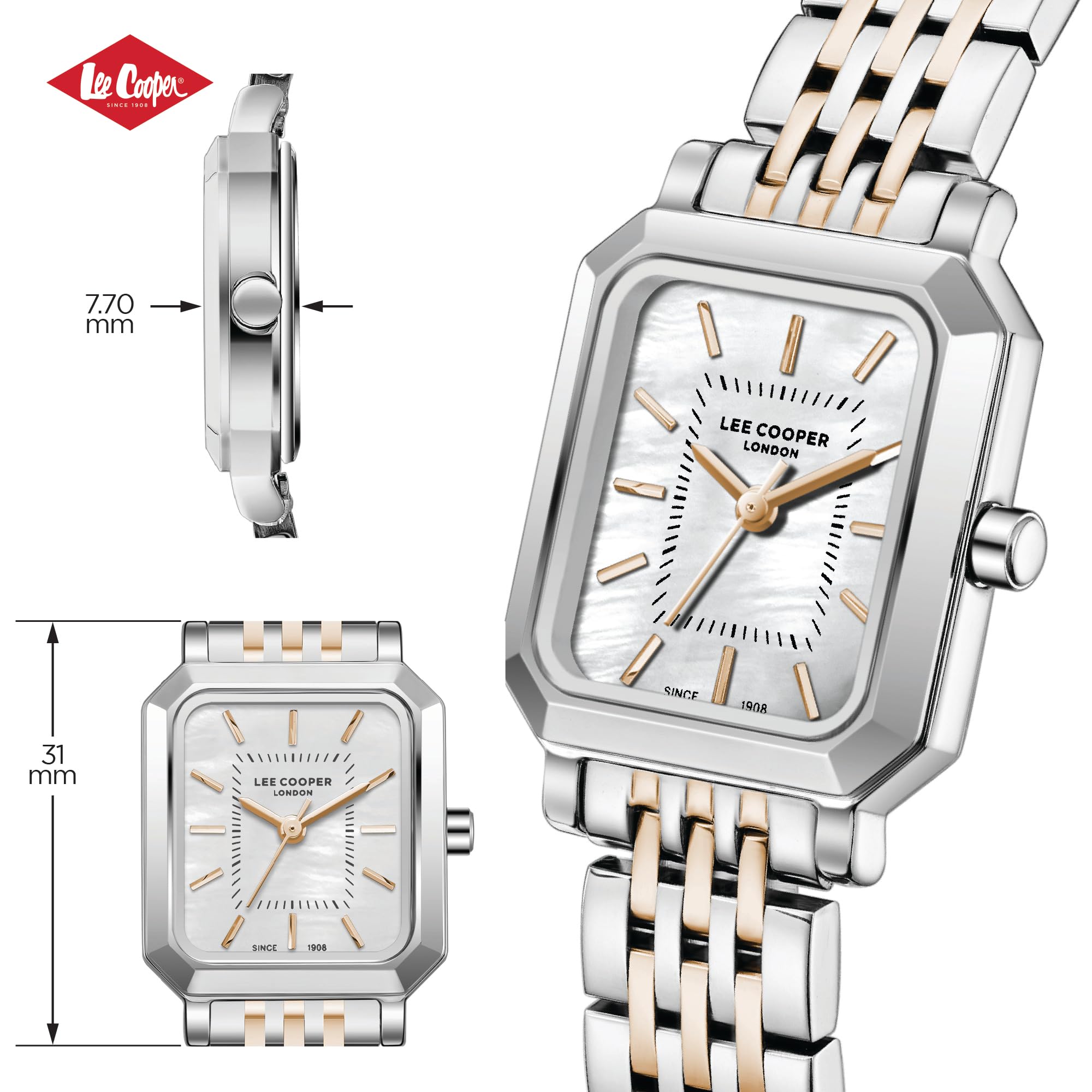 Lee Cooper Damenuhr - Elegante zweifarbige Rotgold Rechteckige Armbanduhr für Damen mit Perlmutt-Zifferblatt | Quarz Analog | LC08203.520