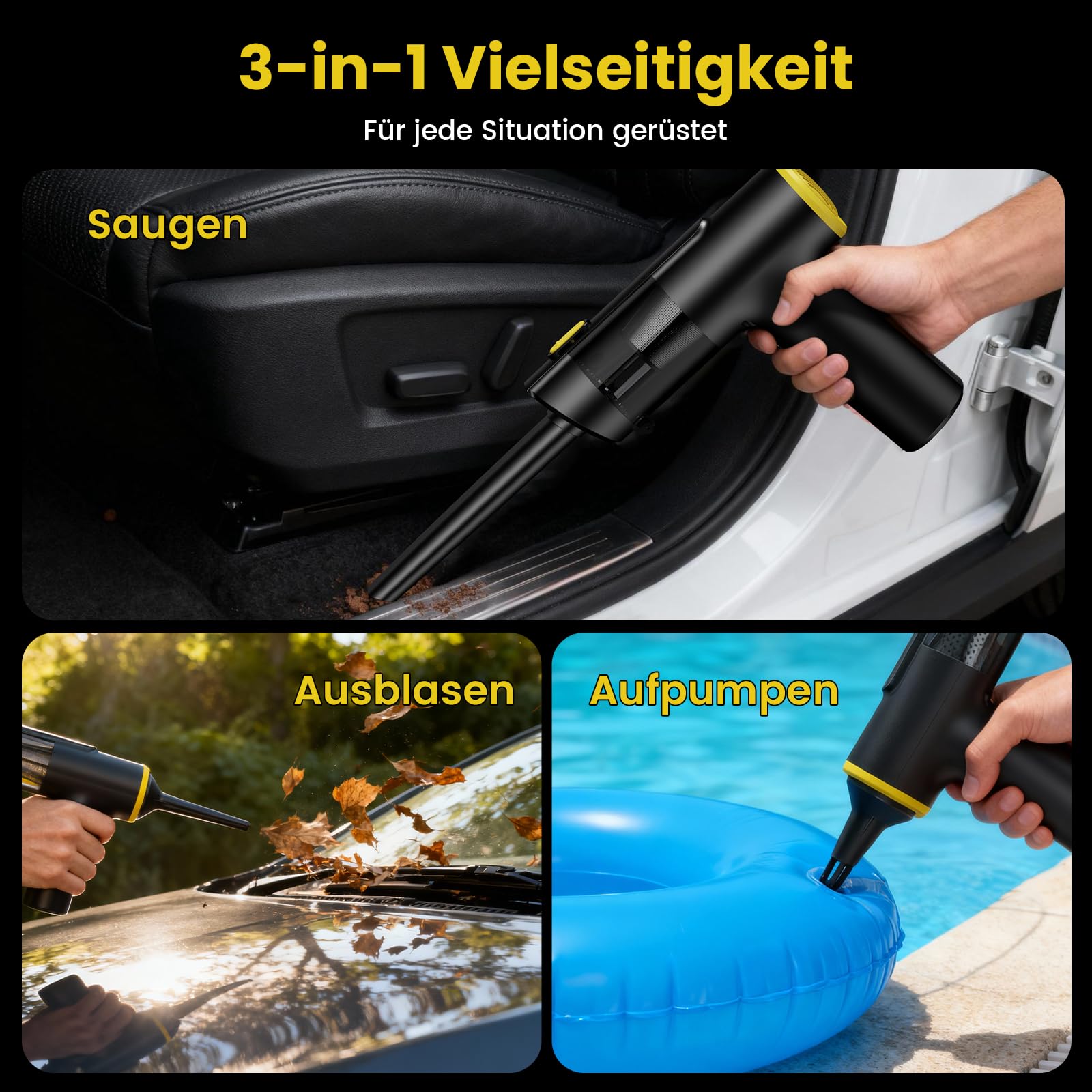 Handstaubsauger Akku Kabellos, 28000Pa Mini Autostaubsauger Stark Saugend, 7800mAh, 60 Min Laufzeit, 3-in-1 mit LED-Display und Bürstenlosem Motor für Auto, PC, Sofa, Küche