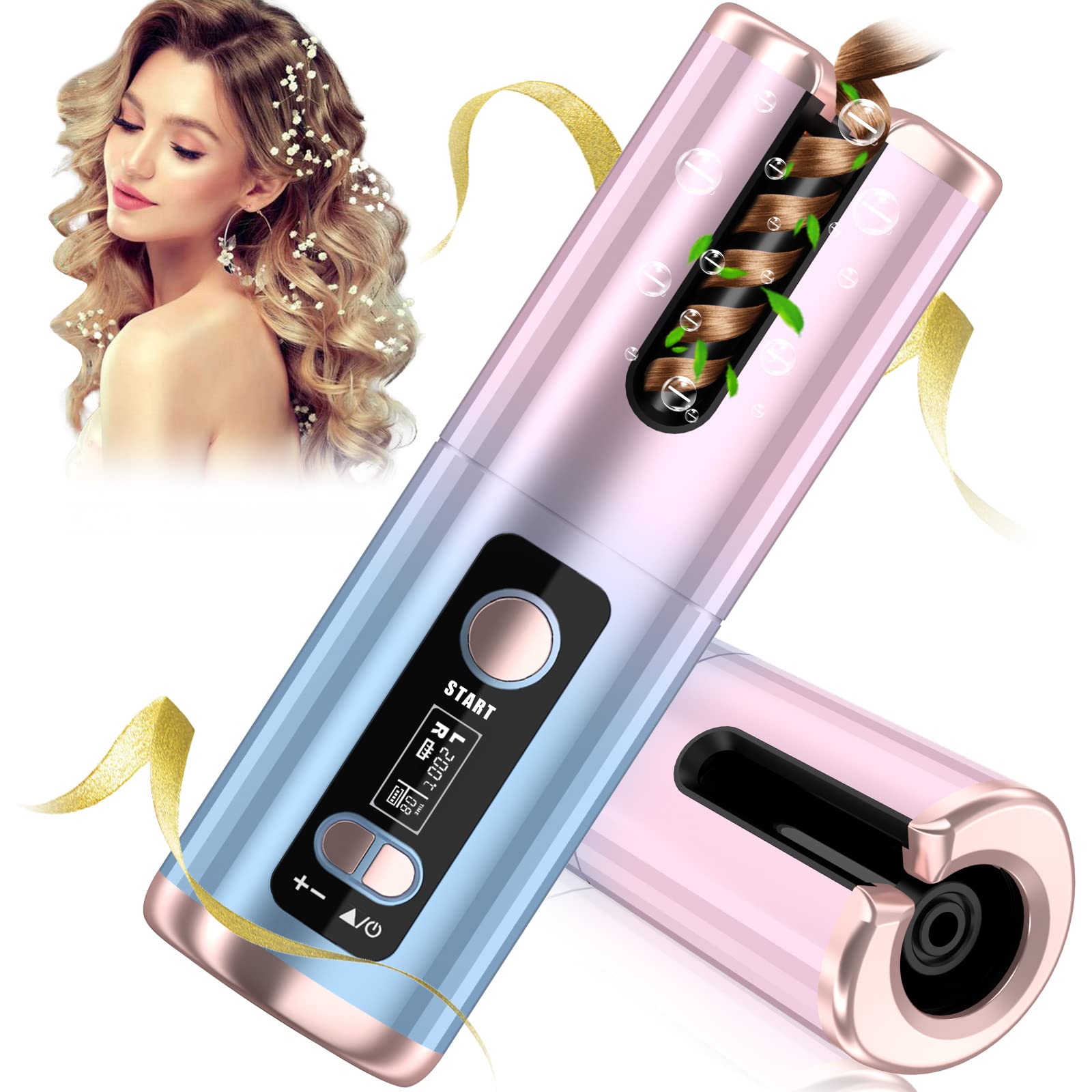 Automatic Curling Iron, Cordless Auto Hair Curler, Ceramic Rotating Hair Curler with 6 Temps & Timers, Portable Rechargeable Curling Wand, Auto Shut-Off, Fast Heating Iron for Styling S C