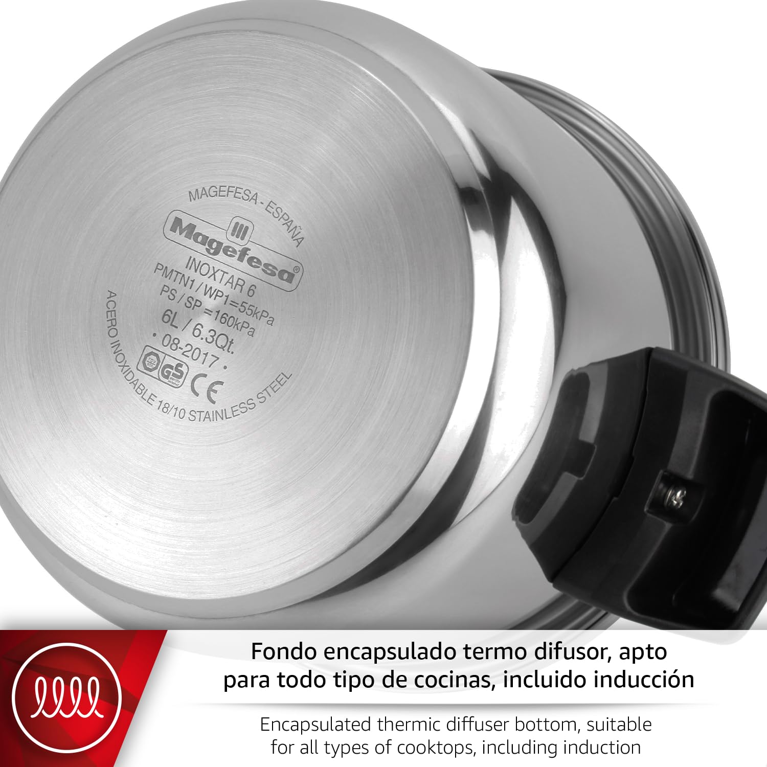 Magefesa Inoxtar - Autocuiseur Traditionnel 10L, Acier Inoxydable 18/10, Induction, Cuisson Saine, Bouton Rotatif, Fond Thermo-Diffuseur 5 Couches