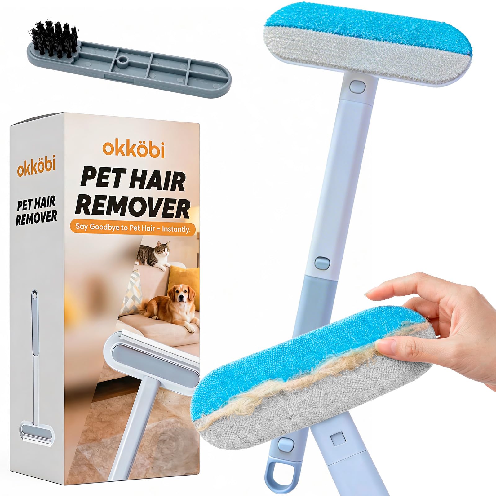 Brosse a Poils Animaux, Ramasse-Poils Réutilisable pour Canapé, Tapis & Textiles, Manche Amovible, Brosse de Détail Intégrée, Facile à Nettoyer