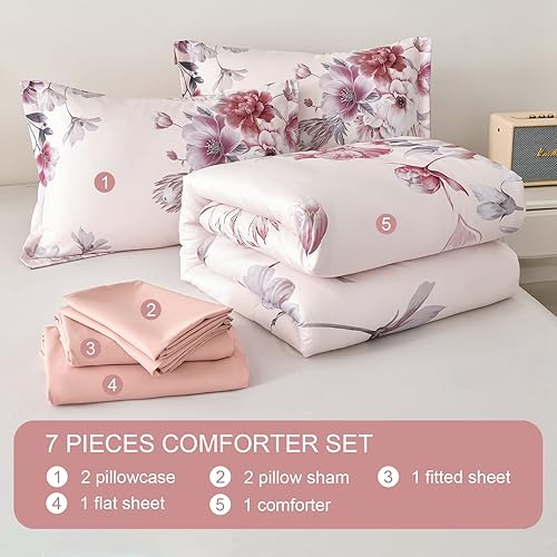 Miniatura 7 de Juego de edredón floral de 7 piezas en una bolsa, juego de edredón suave y ligero de microfibra con sábanas (rosa, tamaño King)