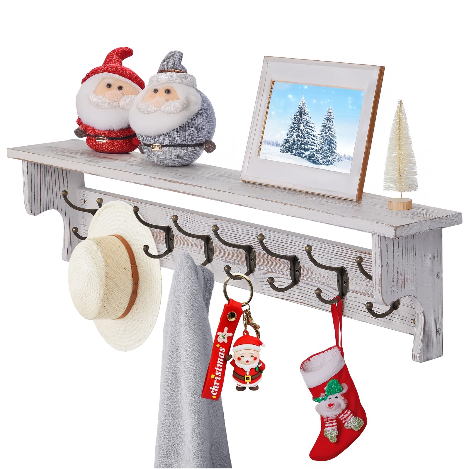 Bekrvio Perchero de pared con estante, estantería de entrada de madera rústica con 8 ganchos para ropa, estilo rústico, colgador de pared flotante (90 cm de largo)