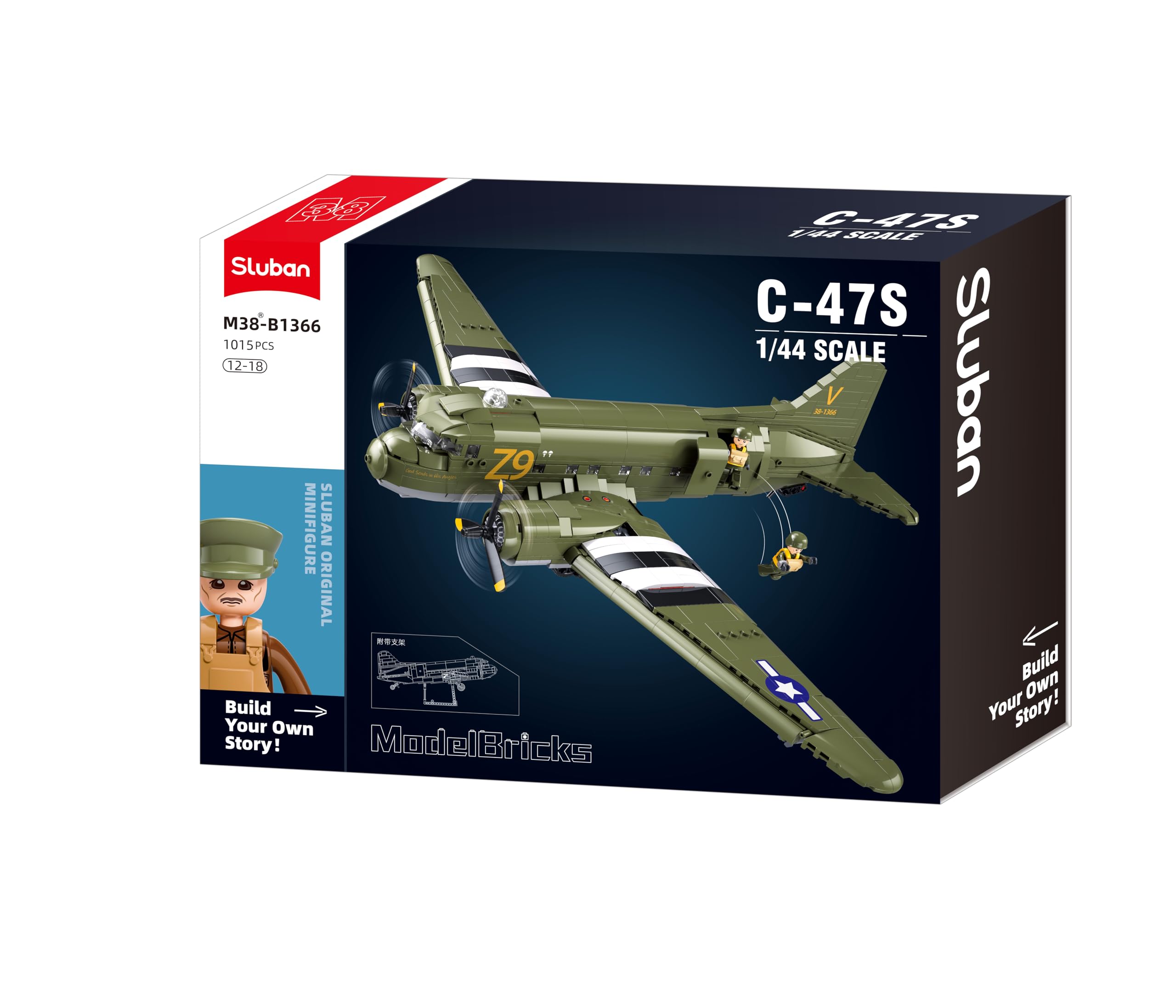 Sluban ModelBricks C-47S à l'Échelle 1/44, Avion de Transport Militaire, 1015 Pièces, pour Enfants de 12 à 18 Ans, Rouge et Or