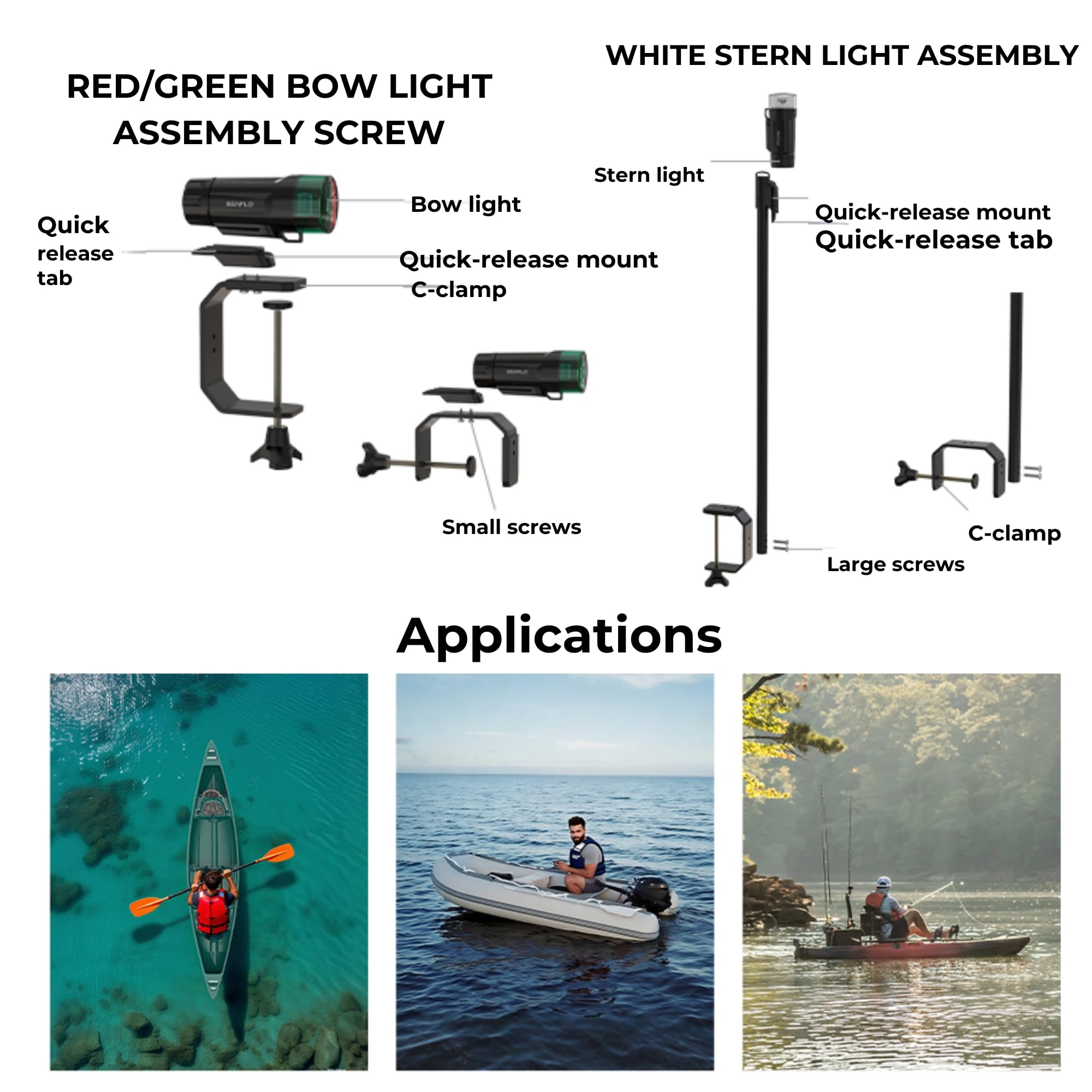SEAFLO Kit di luci di navigazione portatili a LED serie 01 - Alimentazione a batteria (3 AAA), visibilità 2 NM, telescopico, impermeabile IP65, prua e poppa bicolore per pontone e piccole imbarcazioni