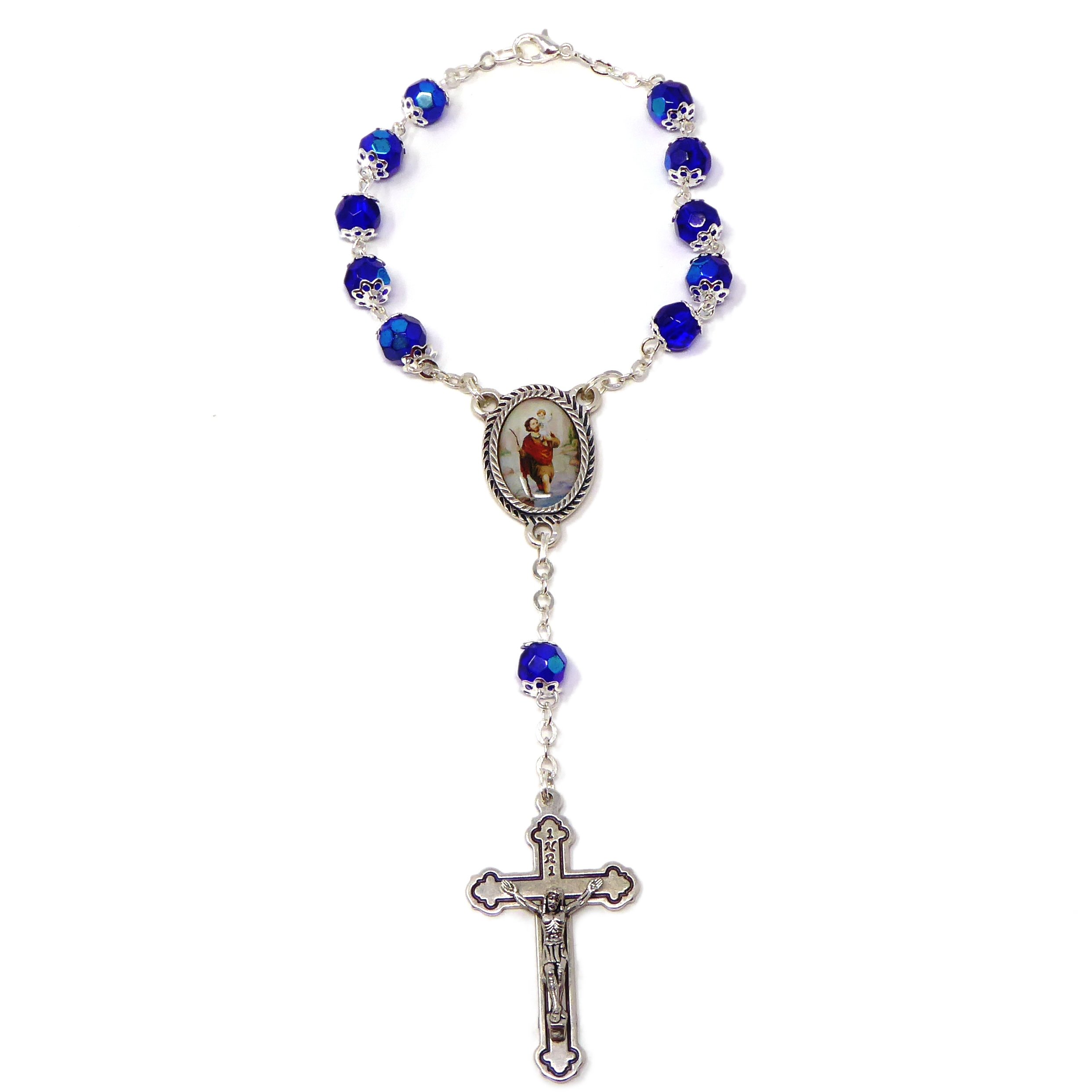 C BCC BC Silver Chain Blue Faceted Glass Single Decade Pocket car Rosary Beads St. Christopher