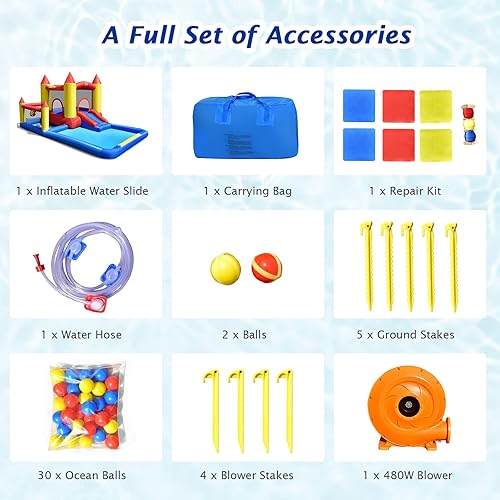 Miniatura 9 de COSTWAY Castillo inflable del tobogán acuático de los niños de la casa de la despedida interior y al aire libre w/ventilador 480W