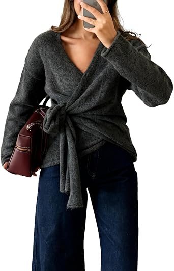 Watashi Women Casual V Neck Wrap Sweater Long Sleeve Cozy Self Tie Belted Knit Sweaters Fall Winter Outfits Cardigan