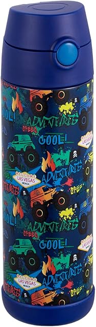 Snug Kids Flask - Stainless Steel Insulated Water Bottle with Straw for Children/Toddlers (Girls/Boys) - Monster Trucks, 500ml