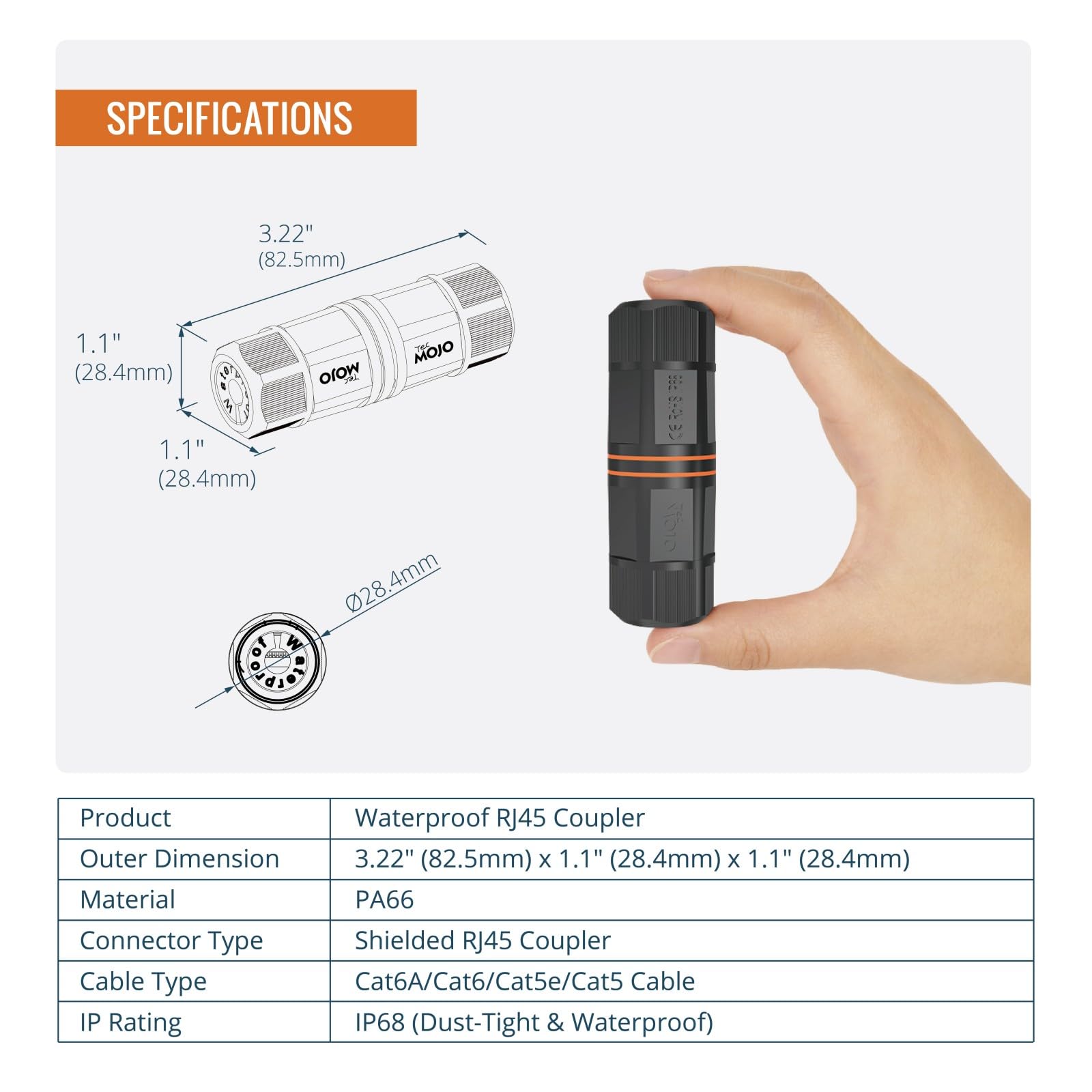 Tecmojo Accoppiatore impermeabile Cat 6A, connettore Ethernet esterno IP68 per CAT6/CAT5E/CAT5, estensore Ethernet RJ45 schermato per telecamera IP e dispositivi PoE, 8,1 cm, confezione da 6