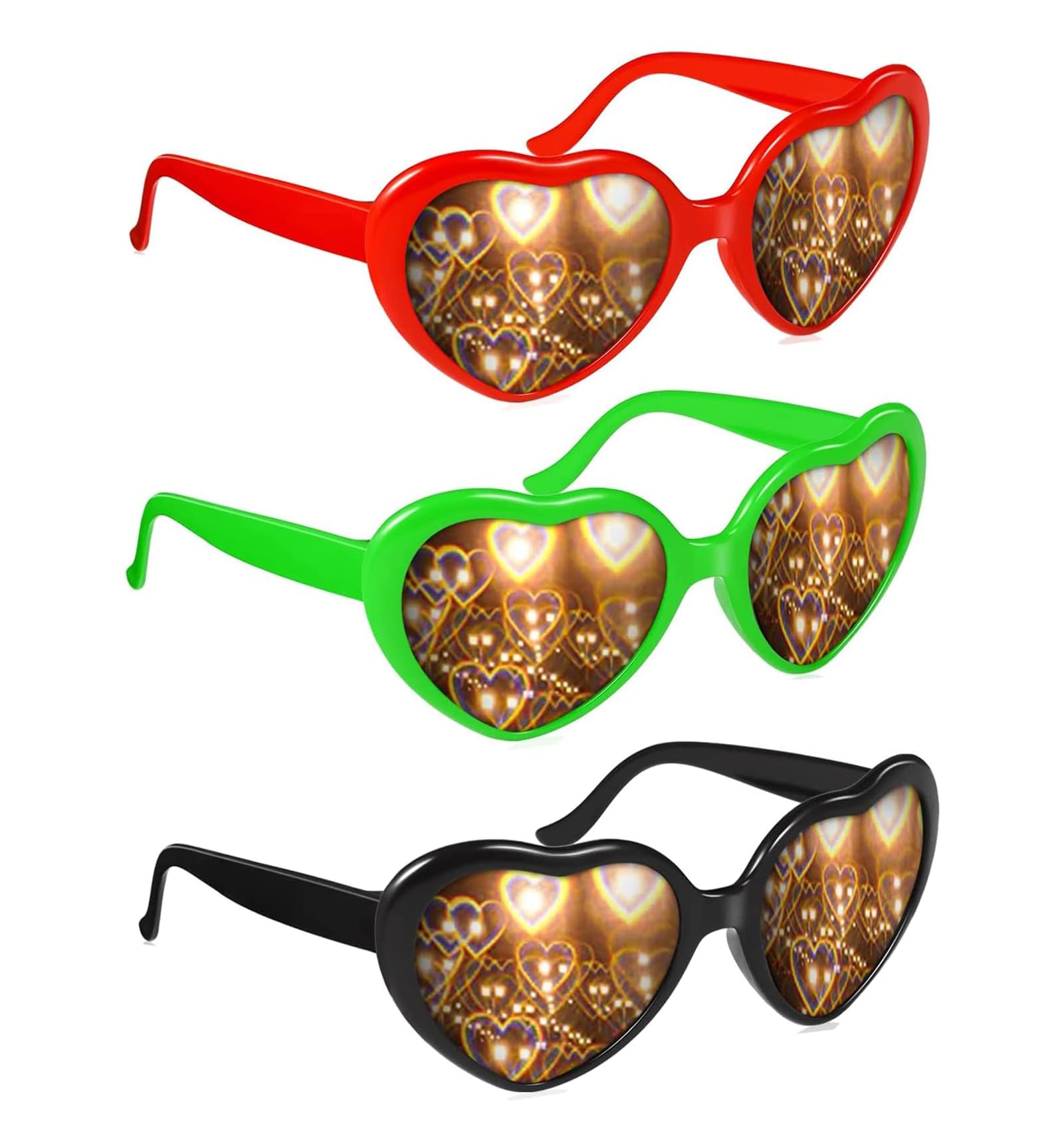 Sweet seven Heart Effect Diffraction Glasses - 3D Sunglasses for Rave, Fireworks, Music Festivals, and Fancy Dress Parties - Set of 3