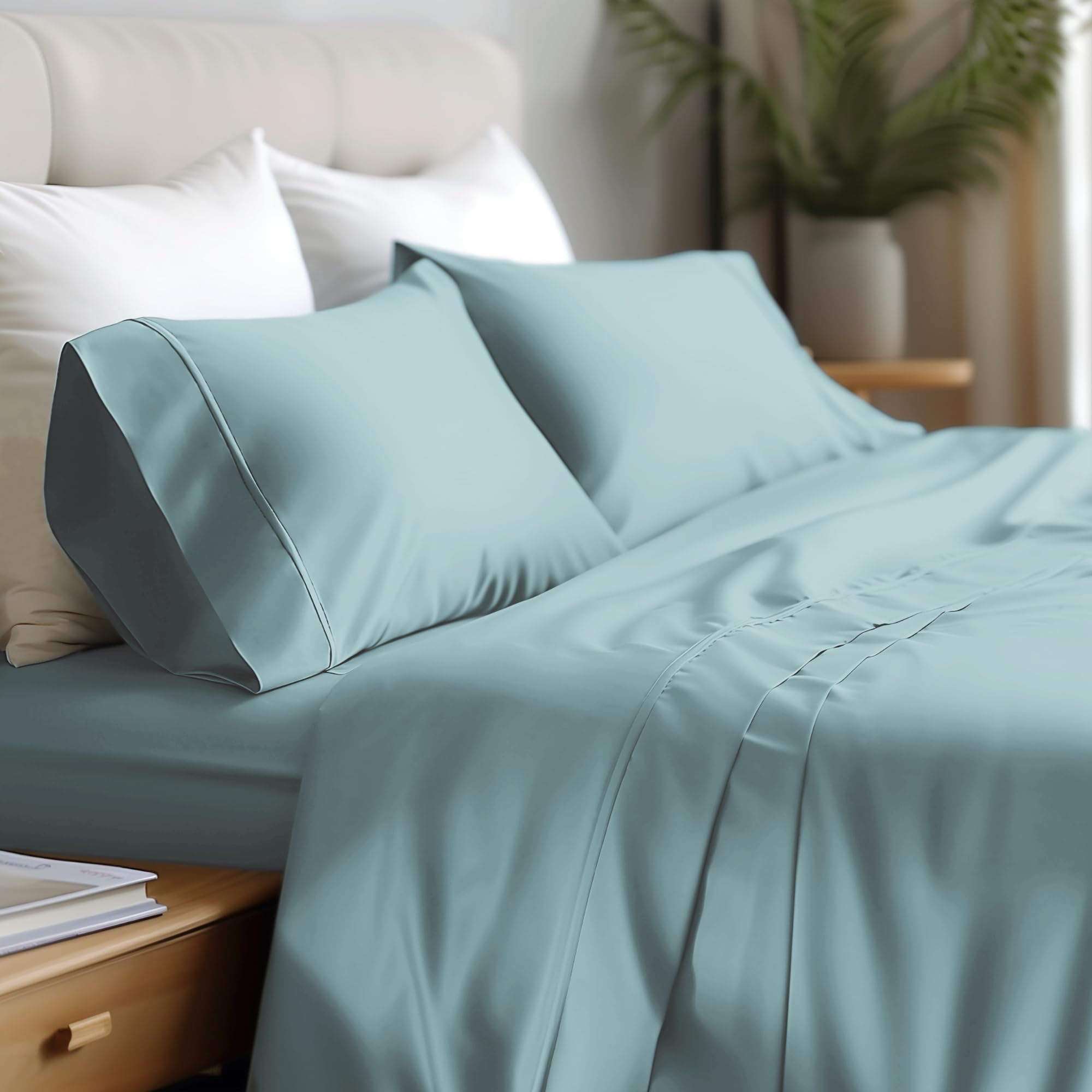 Hyde Lane900 Thread Count Cotton Rich King Size Bed Sheets - Luxuriously Soft Sateen Weave, Alpha Cotton - Durable, Breathable & Comfort, Deep Pocket 16 Inches, 4-Piece Bedding Set (King, Aqua Blue)