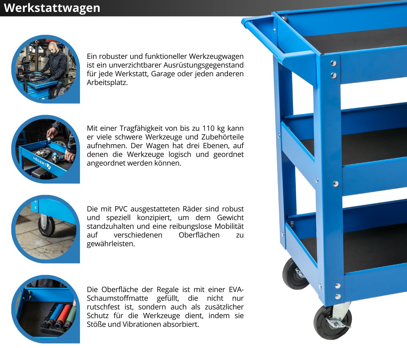 Högert Technik - Servante d'atelier à 3 étages | Capacité de Charge : 110 kg | avec 4 Roues en PVC | 3 Niveaux d'une Surface de 730 x 384 x 80 mm | Armoires à Outils