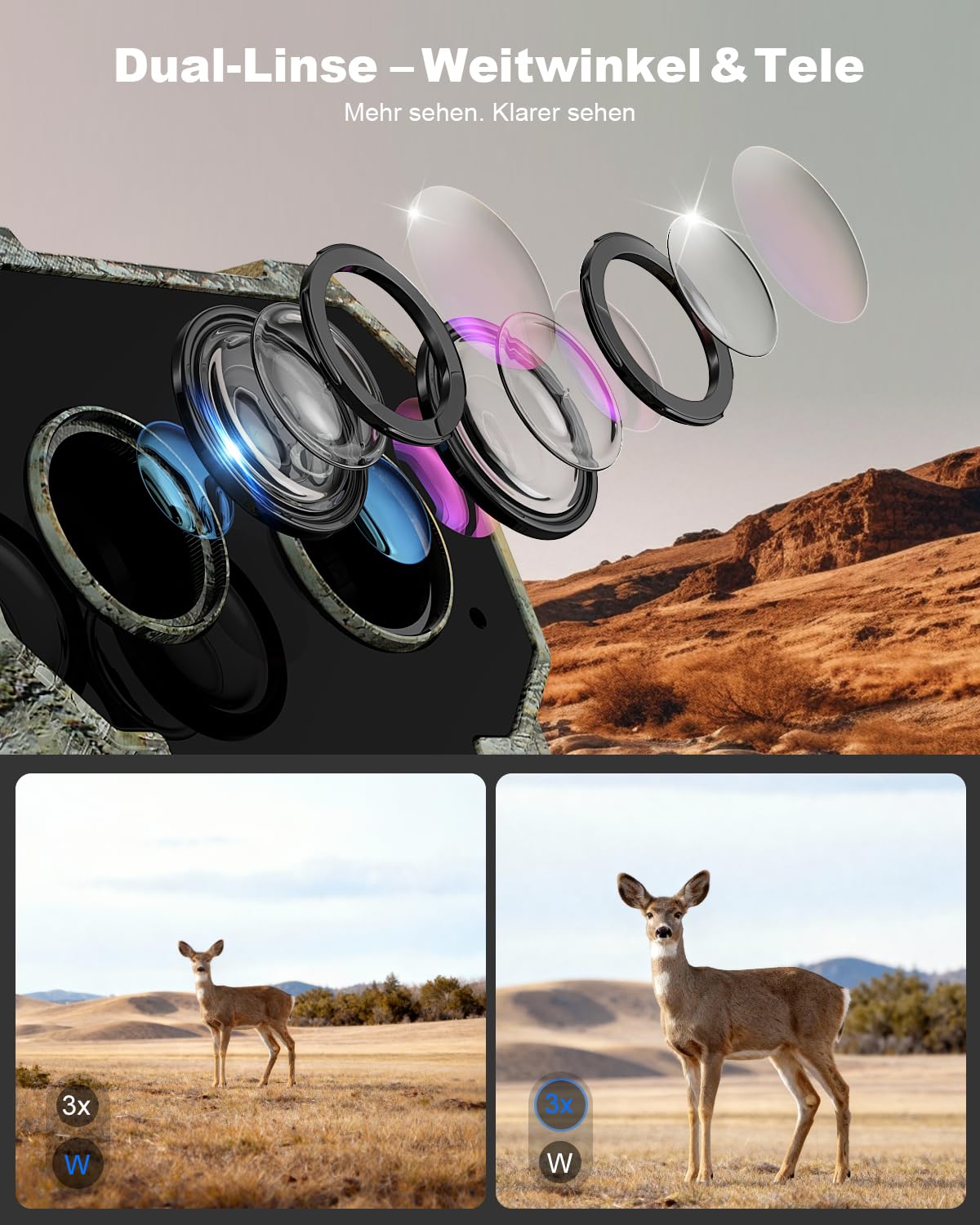 4G LTE Wildkamera mit Handyübertragung App 2.5K Solar Wildtierkamera mit eSIM Karte, Nachtsicht, Bewegungsmelder, Weitwinkel- und Teleobjektive, 7800mAh Akku, IP66 Wasserdicht