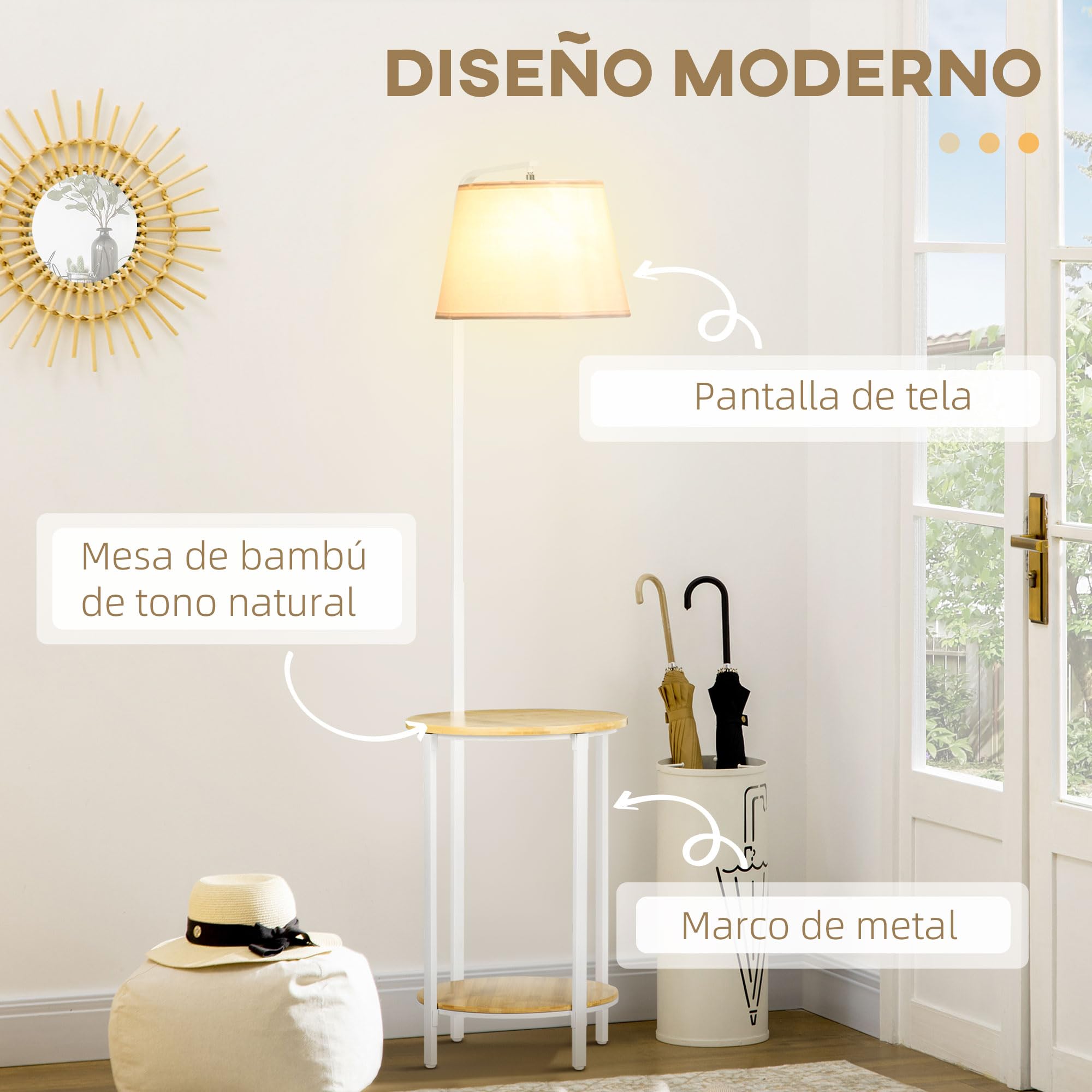 HOMCOM Lámpara de Pie Moderna con Mesas Lámpara con Estantes Casquillo E27 Máx. 40W con Pantalla de Lino e Interruptor de Pie para Salón Dormitorio 43x39,5x162 cm Blanco