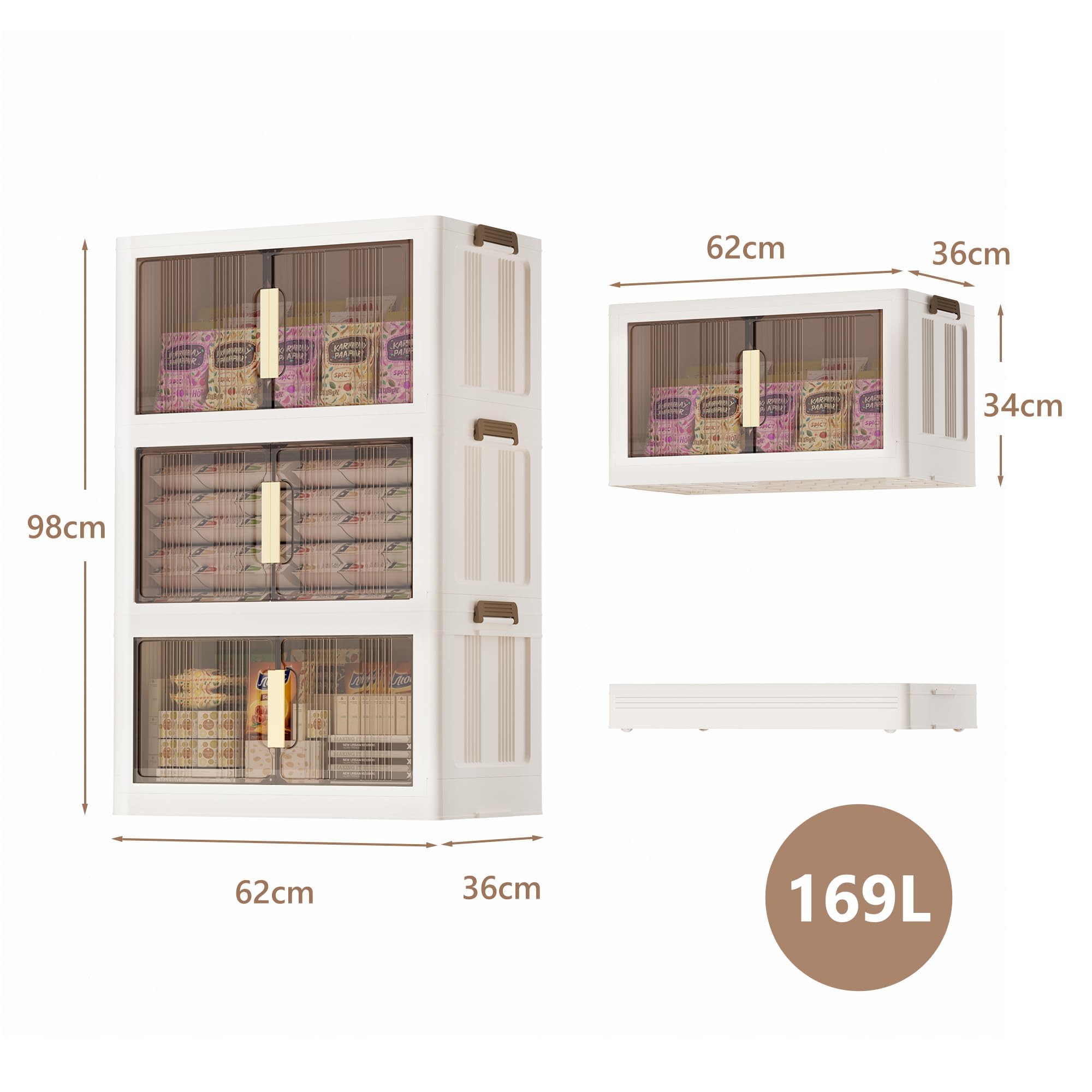 Caja de almacenamiento con tapa, 180 l, grande, apilable, caja de plástico con tapa, 3 niveles y 1 tapa, contenedor de almacenamiento plegable para dormitorio, salón, cocina y oficina