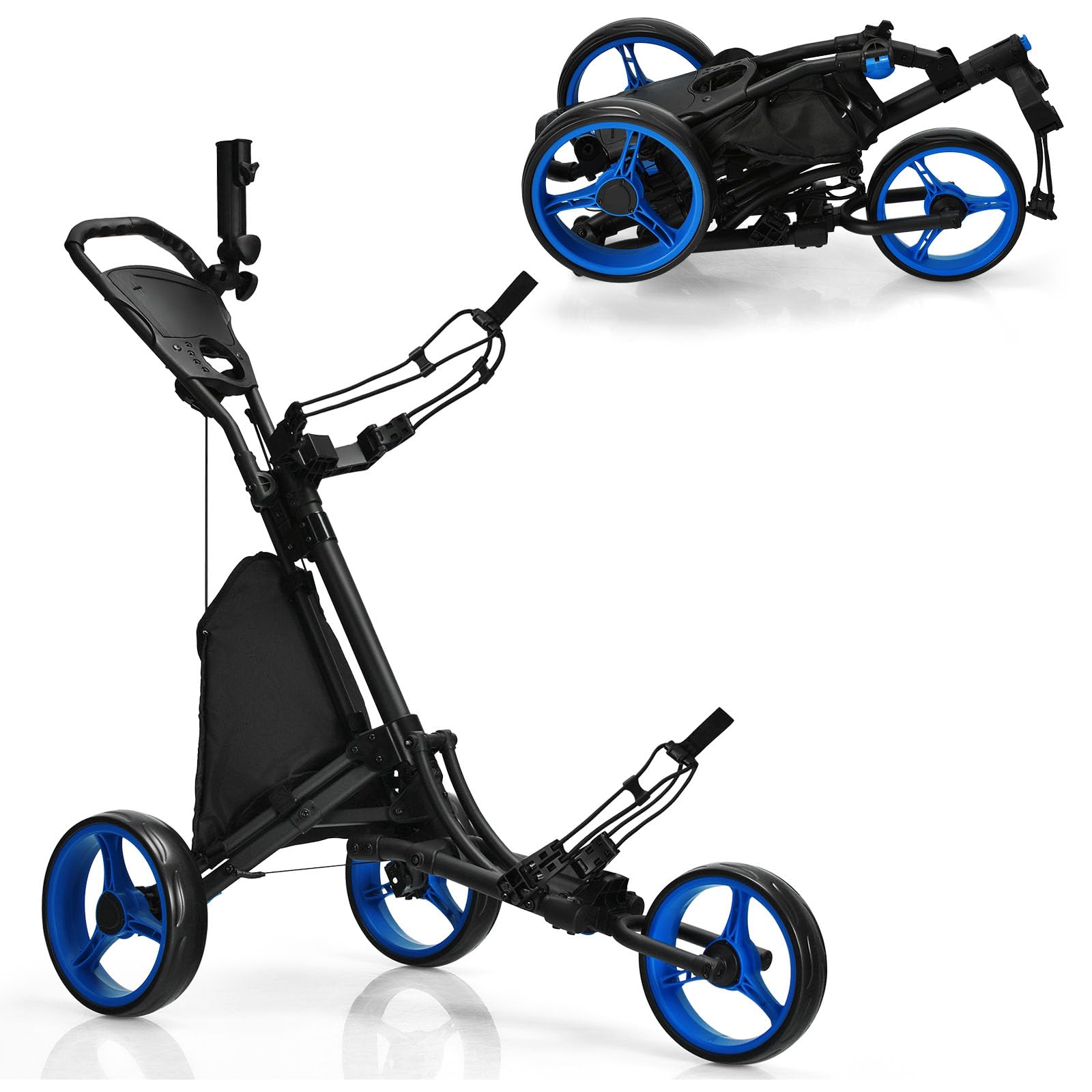 LIFEZEAL Faltbar Golftrolley, 3 Rad Golf Push Cart mit Fußbremse, Golfwagen mit 3 höhenverstellbare Positionen, Golfcaddy klappbar mit Schirmhalter, Flaschenhalter & Tasche