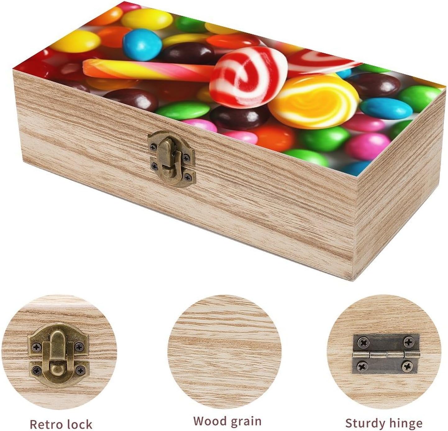 Colorful Candy Wooden Storage Box Rectangular Wood Keepsake Box with A Hinged Lid Tabletop Decorative Organization Boxes Jewelry Container for Home Office Counter image 3
