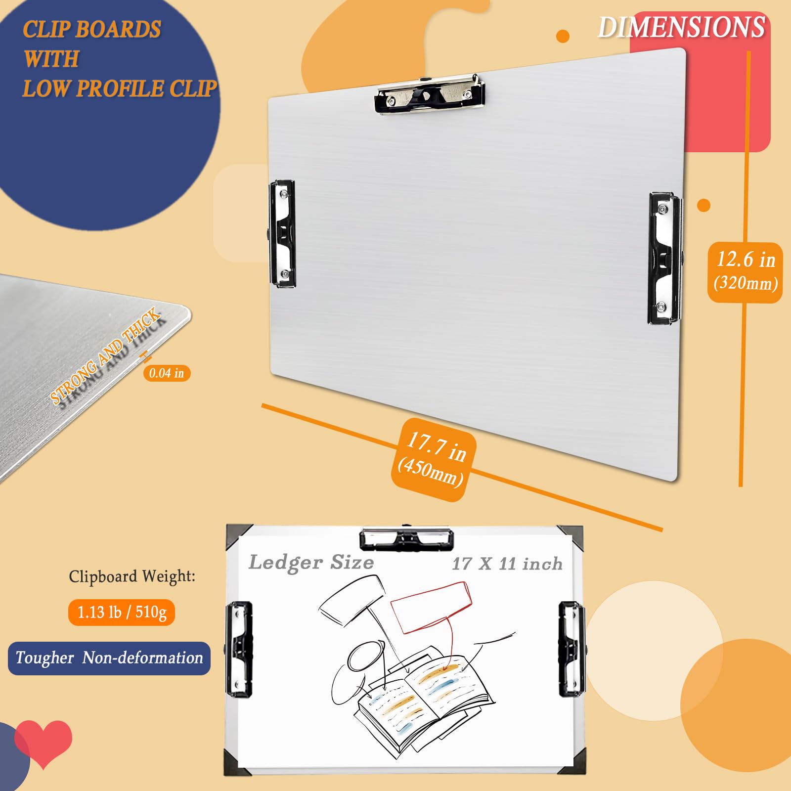 Klemmbrett mit drei Clips, Aluminium, 28,9 x 43,2 cm, Metall, Edelstahl, hängbar, Kunststifthalter, extra großes Klemmbrett für Business, Mediziner, Werkstatt (Silber, A3-3Clip)