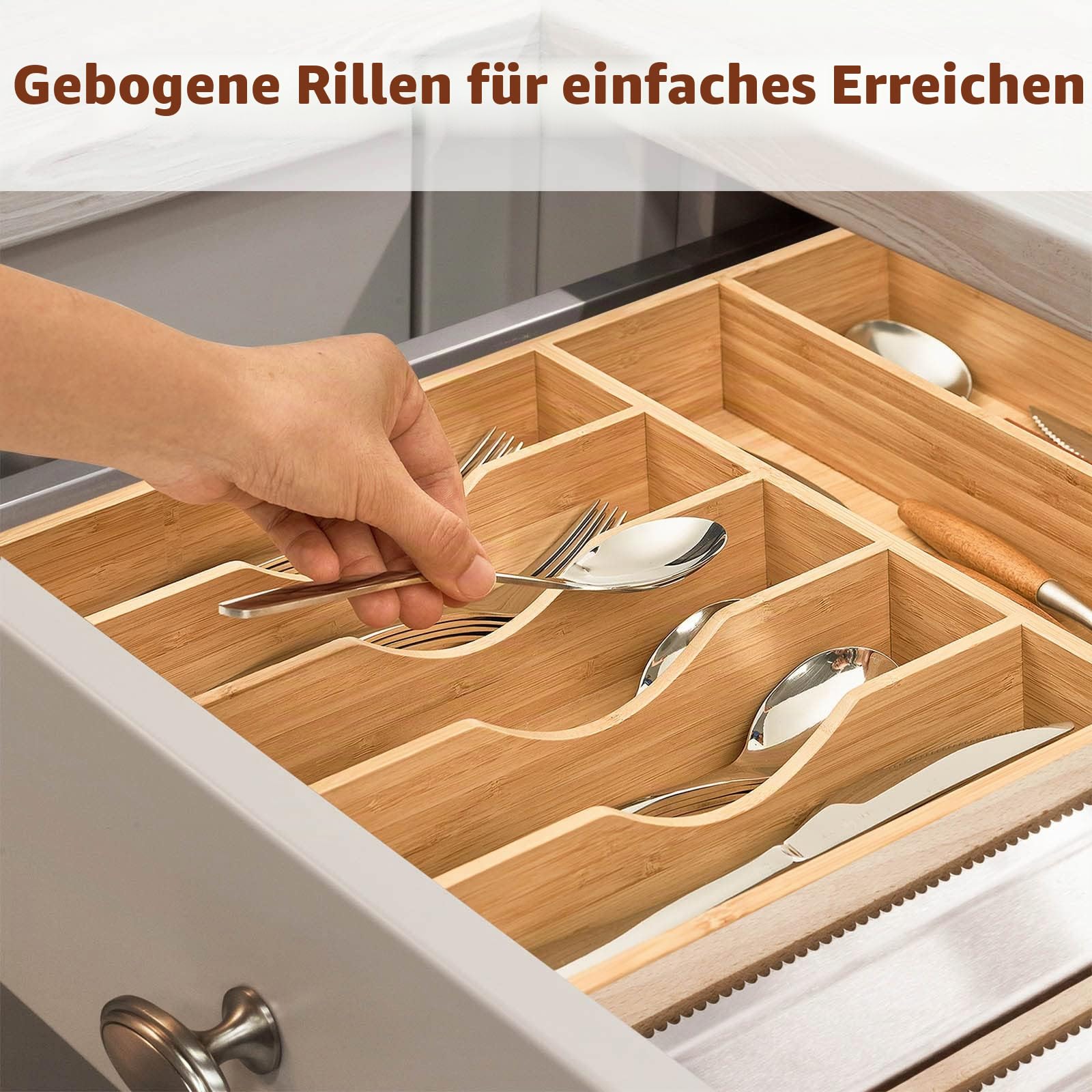 Umilife Bambus-Küchenschubladen-Organizer, 33 cm, Besteckkasten, extra tief, gerillte Schubladen-Trennwand, 7 Fächer, insgesamt Bambus-Holz-Caddy für Besteck, Messer, Gabeln, Löffel