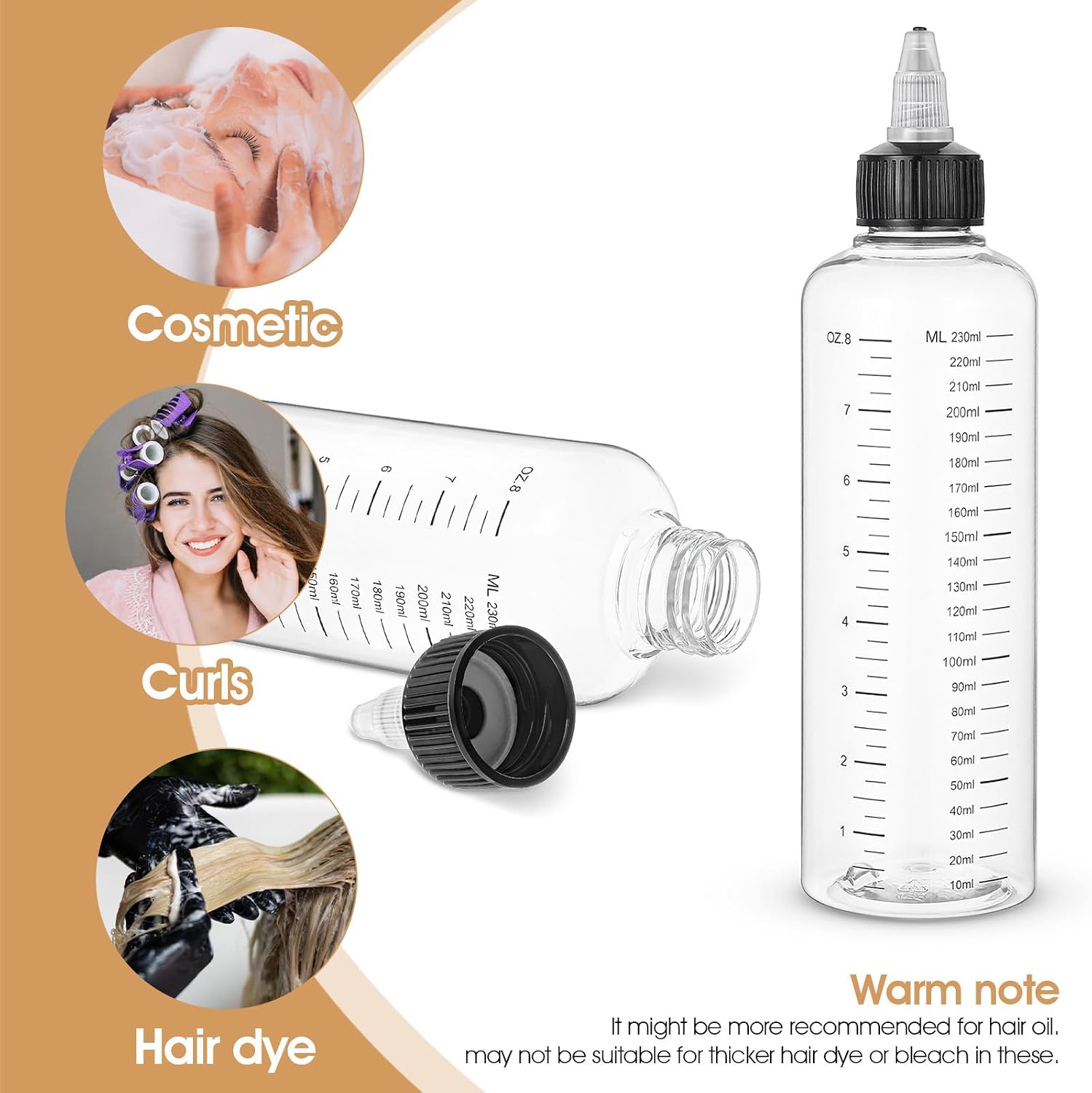 3 Pack Hair Oil Bottle 8.5oz-Hair Oil Applicator Plastic Squeeze Bottles Scalp Oil-Applicator Hair Dye Bottle, Twist-On Top Tip Cap, Refillable Bottles with Graduated Scale and Twist Top