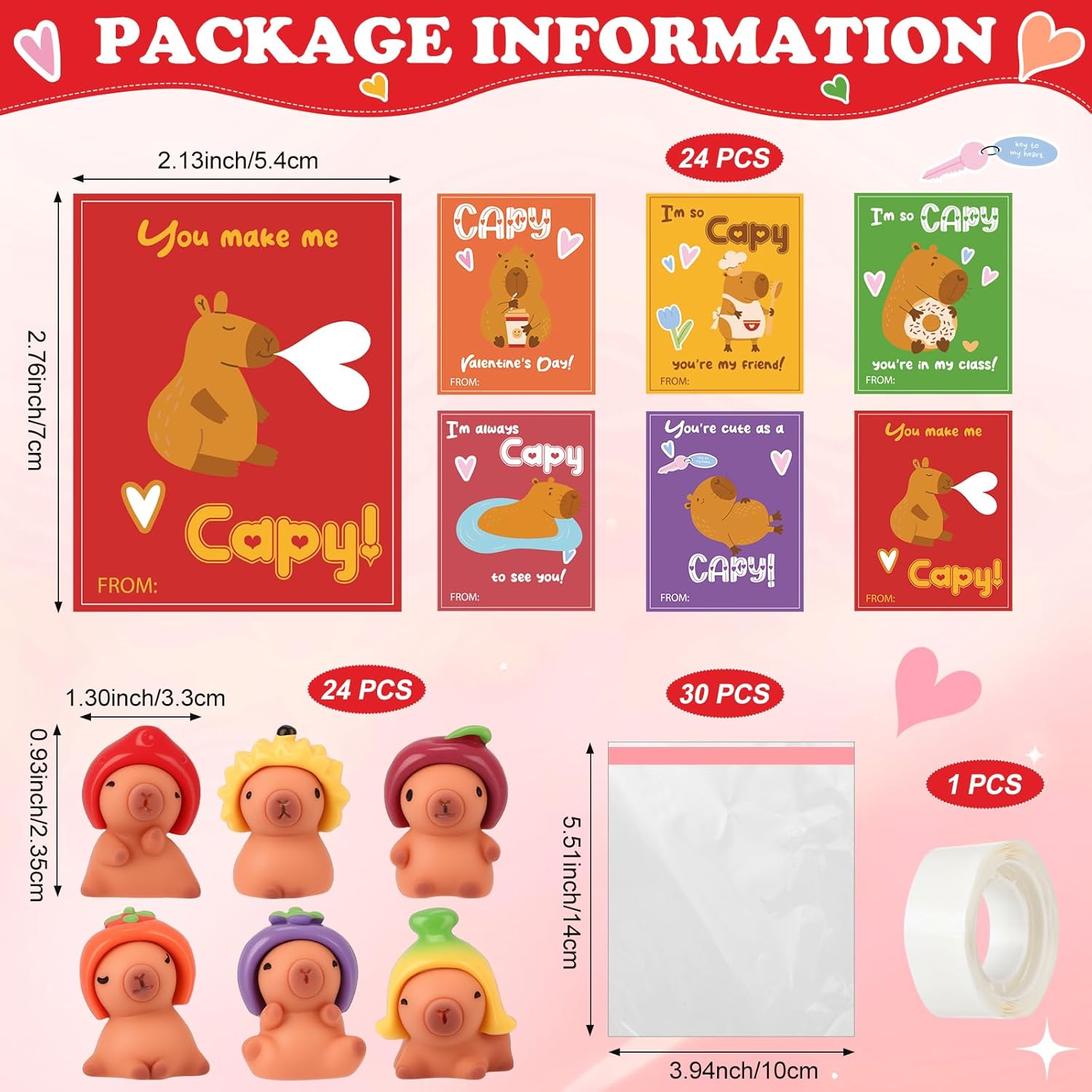BreezeHug 24 Sets Valentines Day Gifts Bulk Mini Resin Capybara Figurines with Greeting Cards Bags for Valentines Gift Exchange Capybara Party Favors Reward Home Office Cake Topper Decor