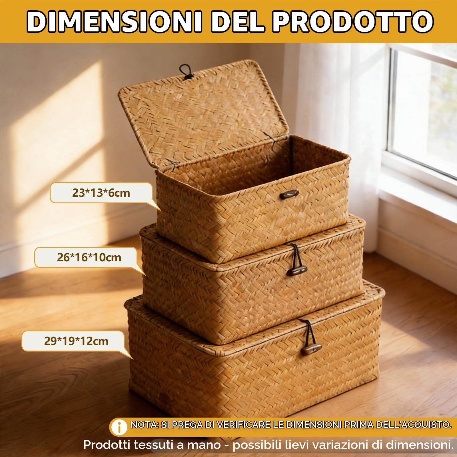Set di 3 cesti di conservazione Lid, in erba marina naturale, con coperchio, in tessuto a mano, decorazione boho, soluzione regalo pronta per camera da letto, soggiorno e ufficio (A)
