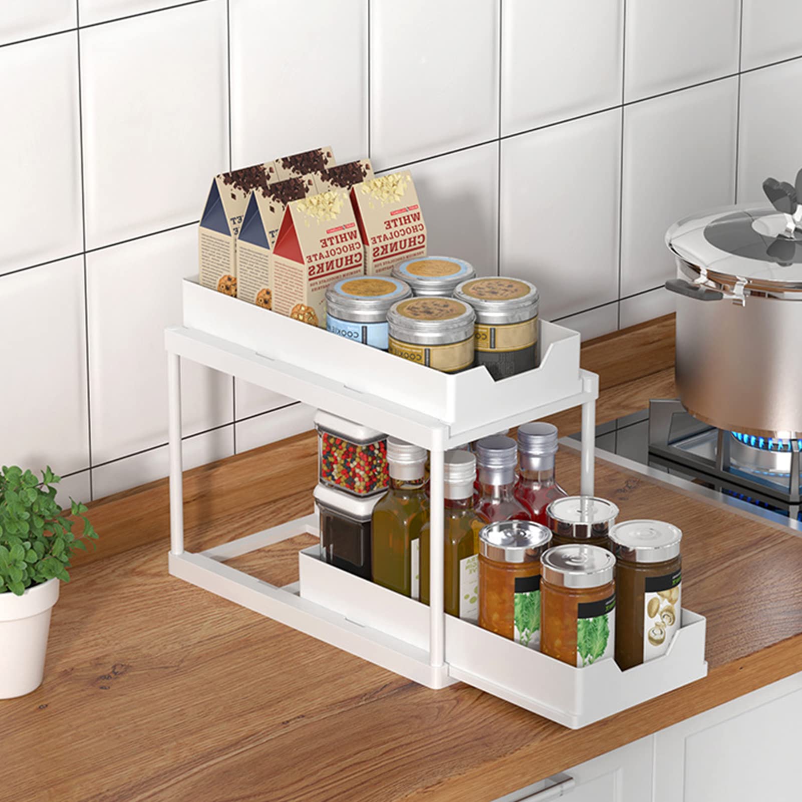 KLZUOPTUnder Sink Pull-Out Organizers, 2 Tiers Storage Rack Multifunctional Kitchen Spice Seasoning Rack Cabinet Bathroom Countertop Cosmetic Toiletries Storage Sh(Size:Double B,Color:White)